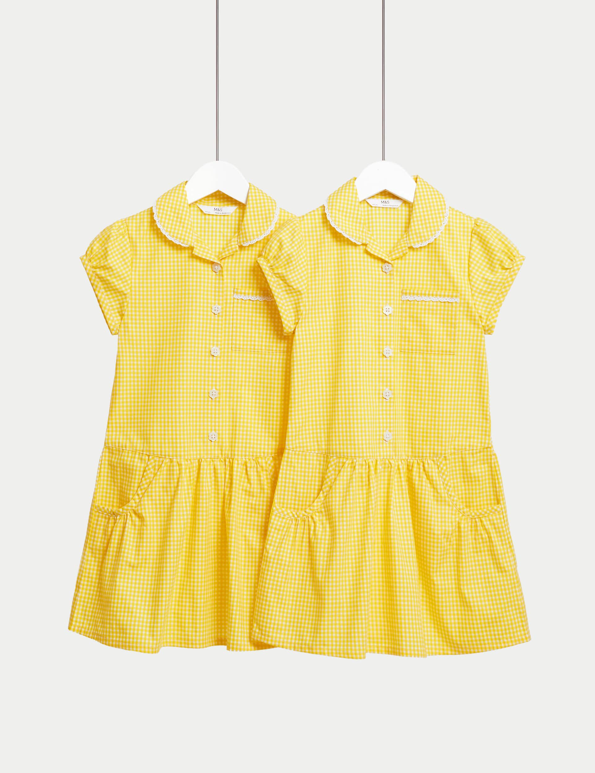 M&S Girls 2-Pack Cotton Rich Gingham School Dresses (2-14 Yrs) - 10-11 - Yellow, Mid Blue,Navy,Yello