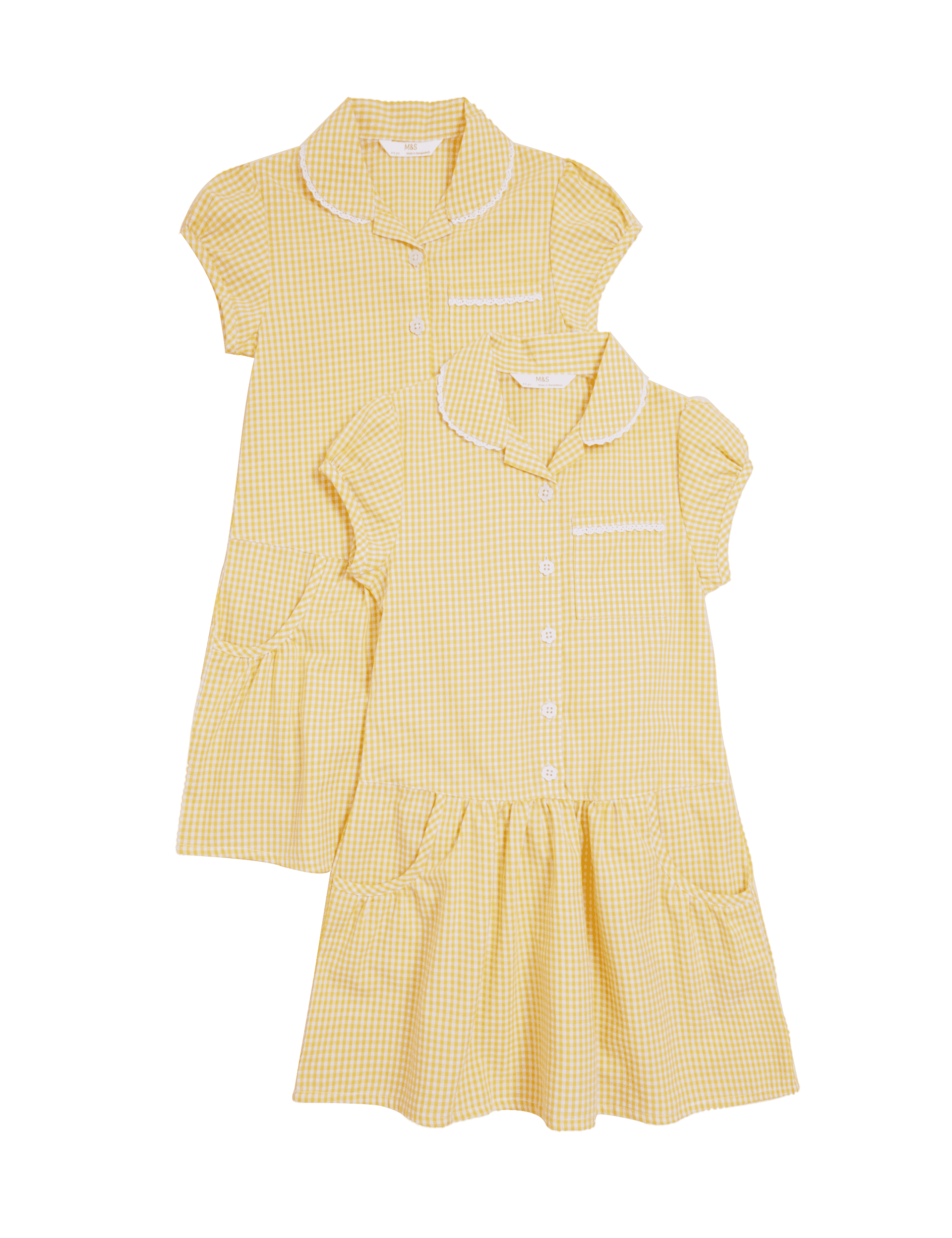 M&S Collection Girls 2 Pack Girls Cotton Rich Gingham School Dresses (2-14 Yrs) - 4-5 Y - Yellow, Mi