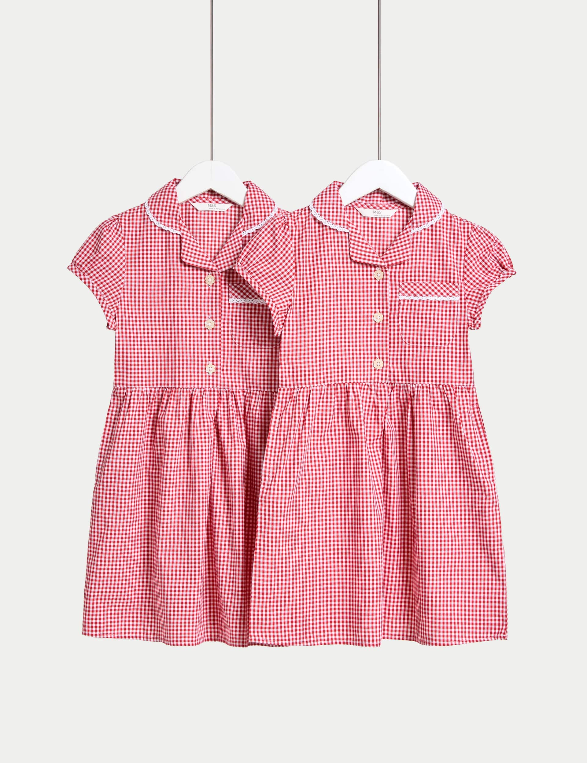 M&S Collection Girls 2 Pack Girls Cotton Rich School Dresses (2-14 Yrs) - 5-6 Y - Red Mix, Lilac,Red Mix,Royal Blue,Navy,Light Blue,Green,Pink,Yellow