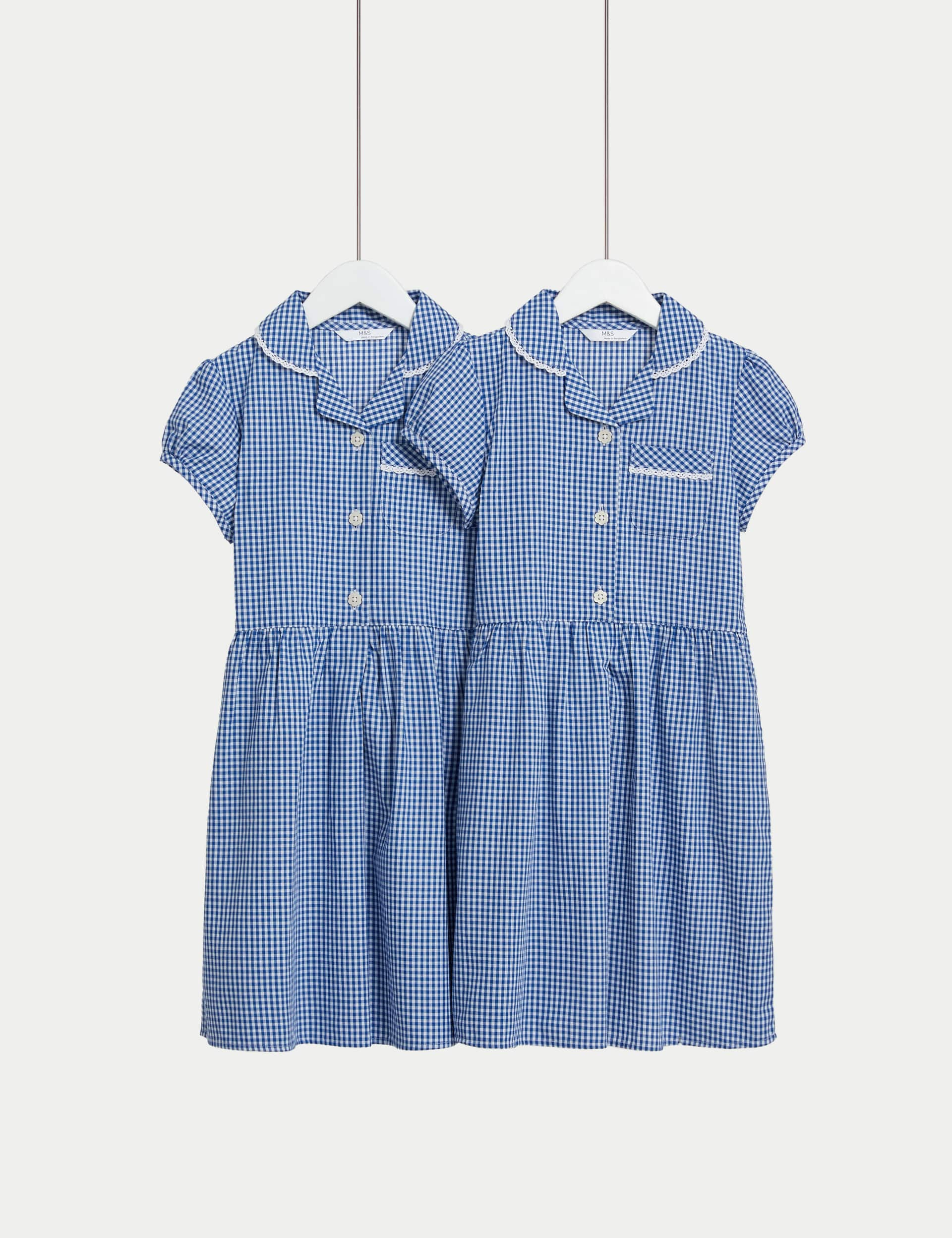 M&S Girls 2-Pack Cotton Rich School Dresses (2-14 Yrs) - 12-13 - Mid Blue, Mid Blue