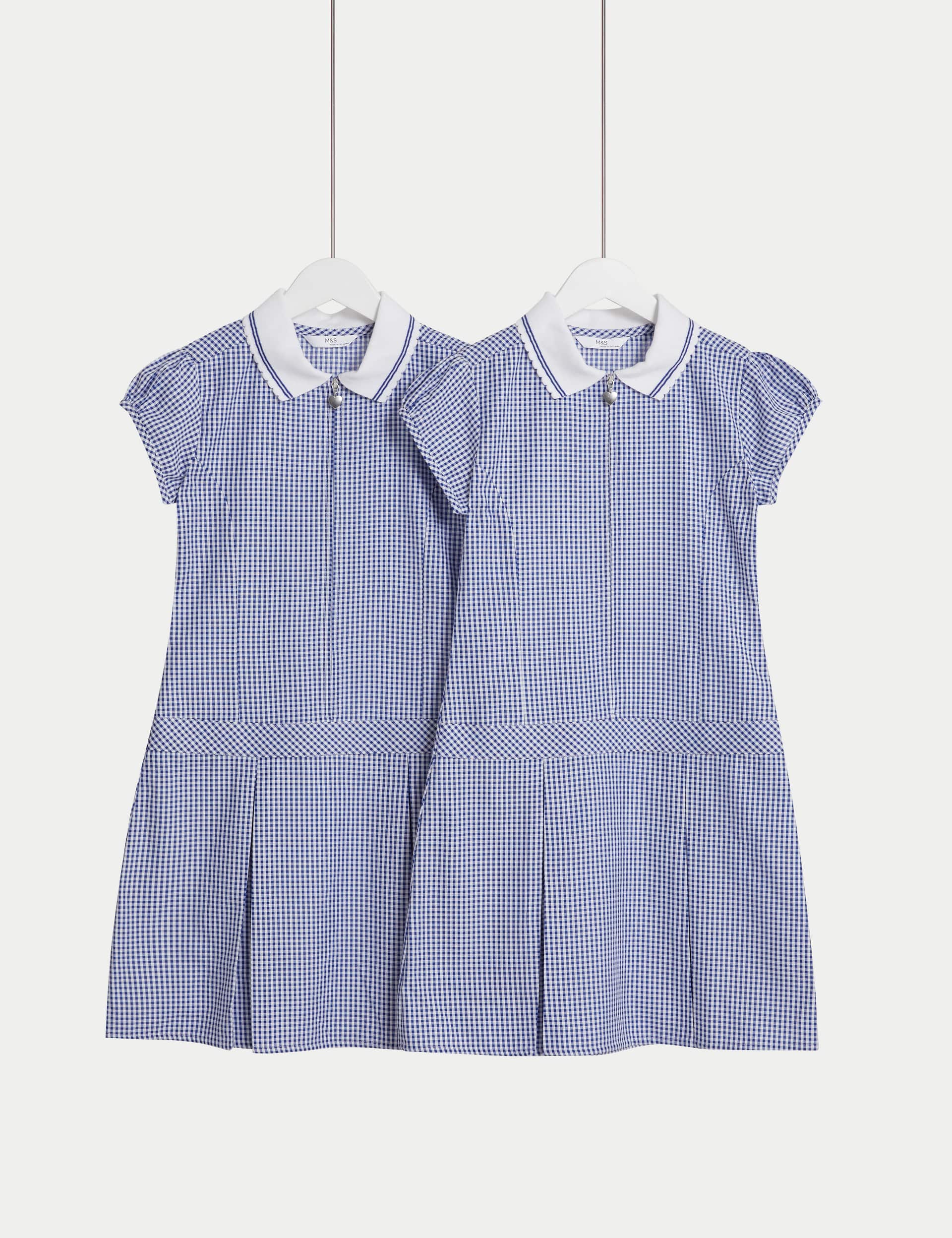 M&S Girls 2-Pack Cotton Rich Gingham School Dress (2-14 Yrs) - 2-3 Y - Mid Blue, Mid Blue