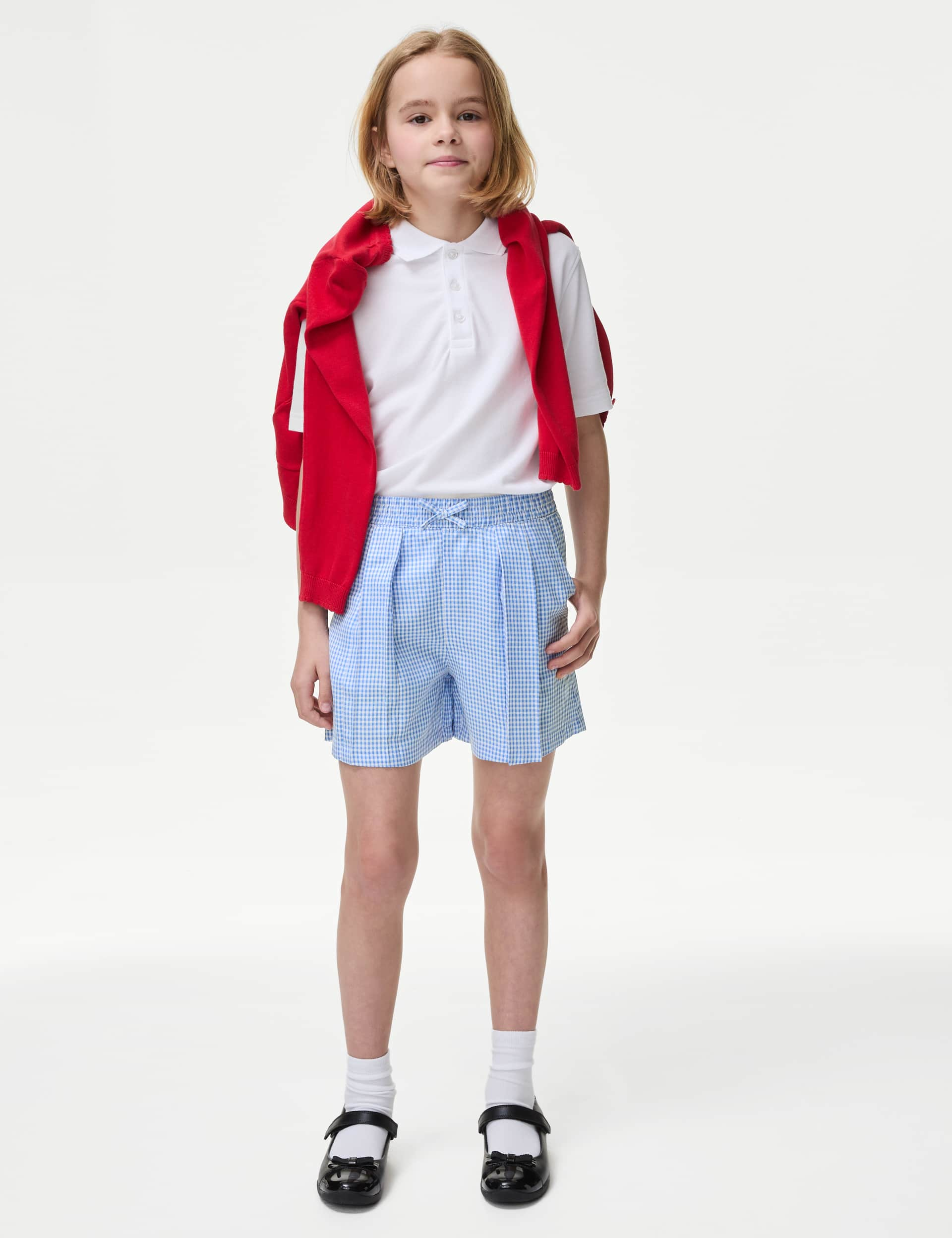 M&S Girls Gingham School Shorts (2-14 Yrs) - 6-7 Y - Light Blue, Red,Light Blue