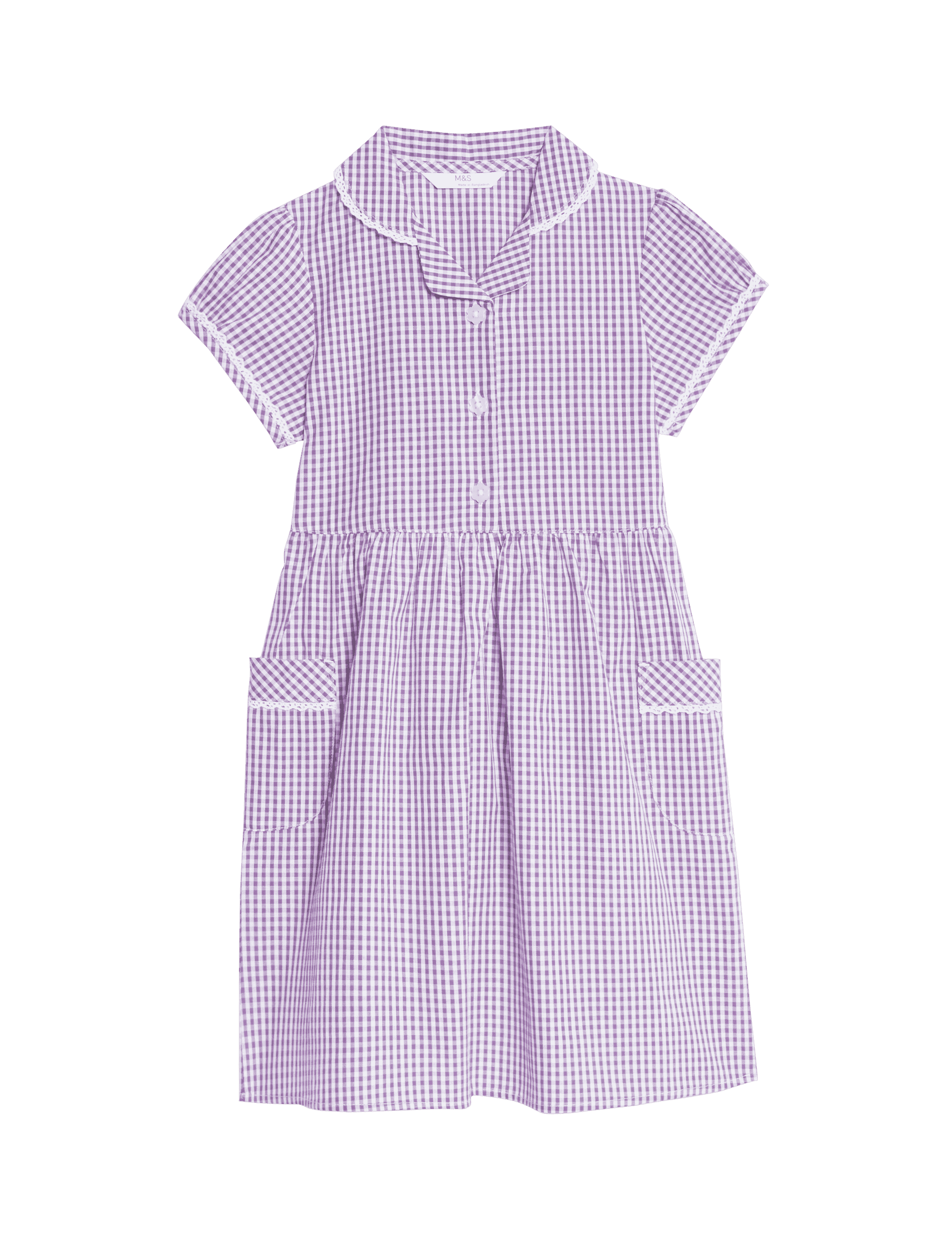 M&S Collection Girls Pure Cotton Gingham School Dress (2-14 Yrs) - 8-9 Y - Lilac, Green,Navy,Mid Blu