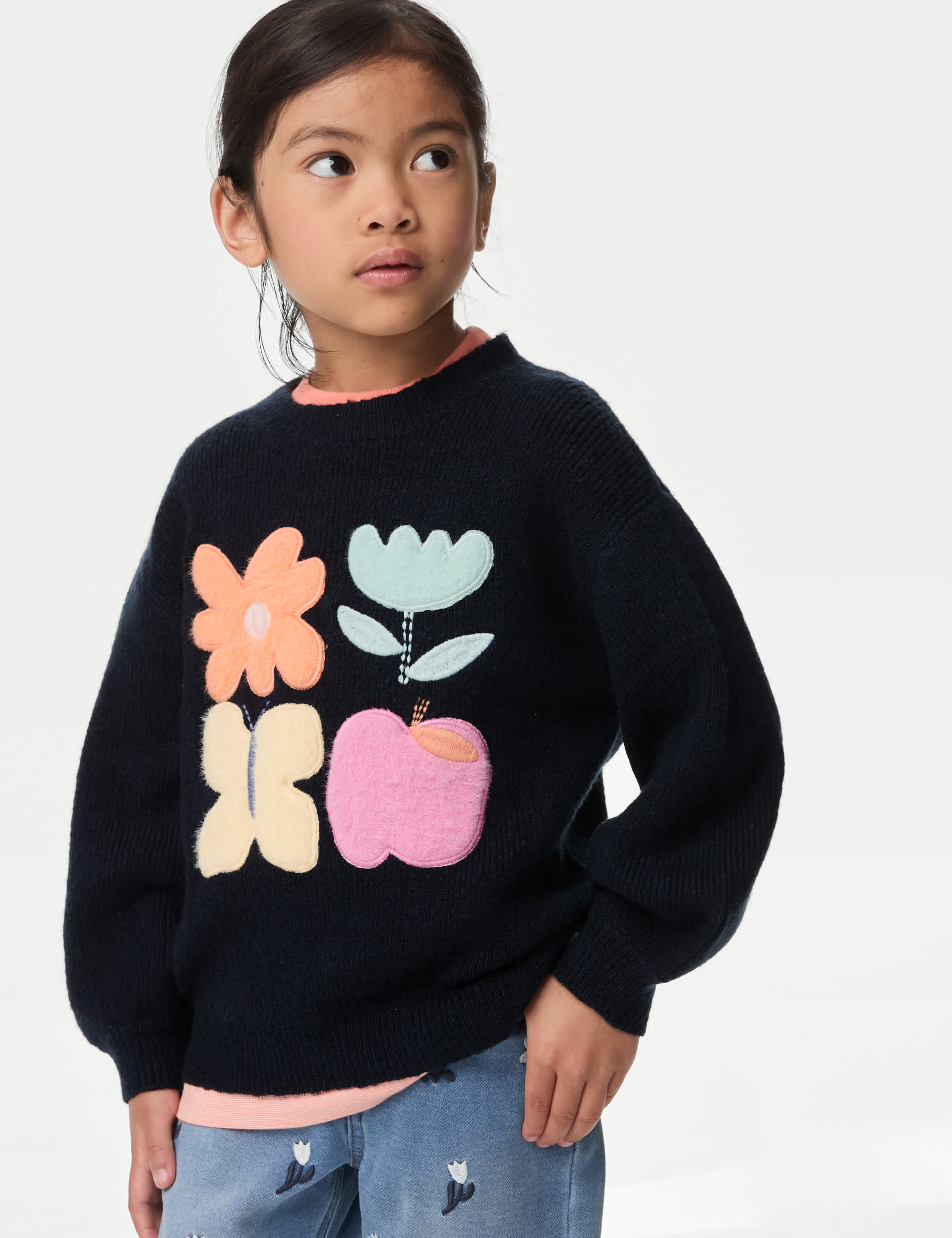 M&S Girls Knitted Printed Jumper (2-8 Yrs) - 6-7 Y - Navy, Navy