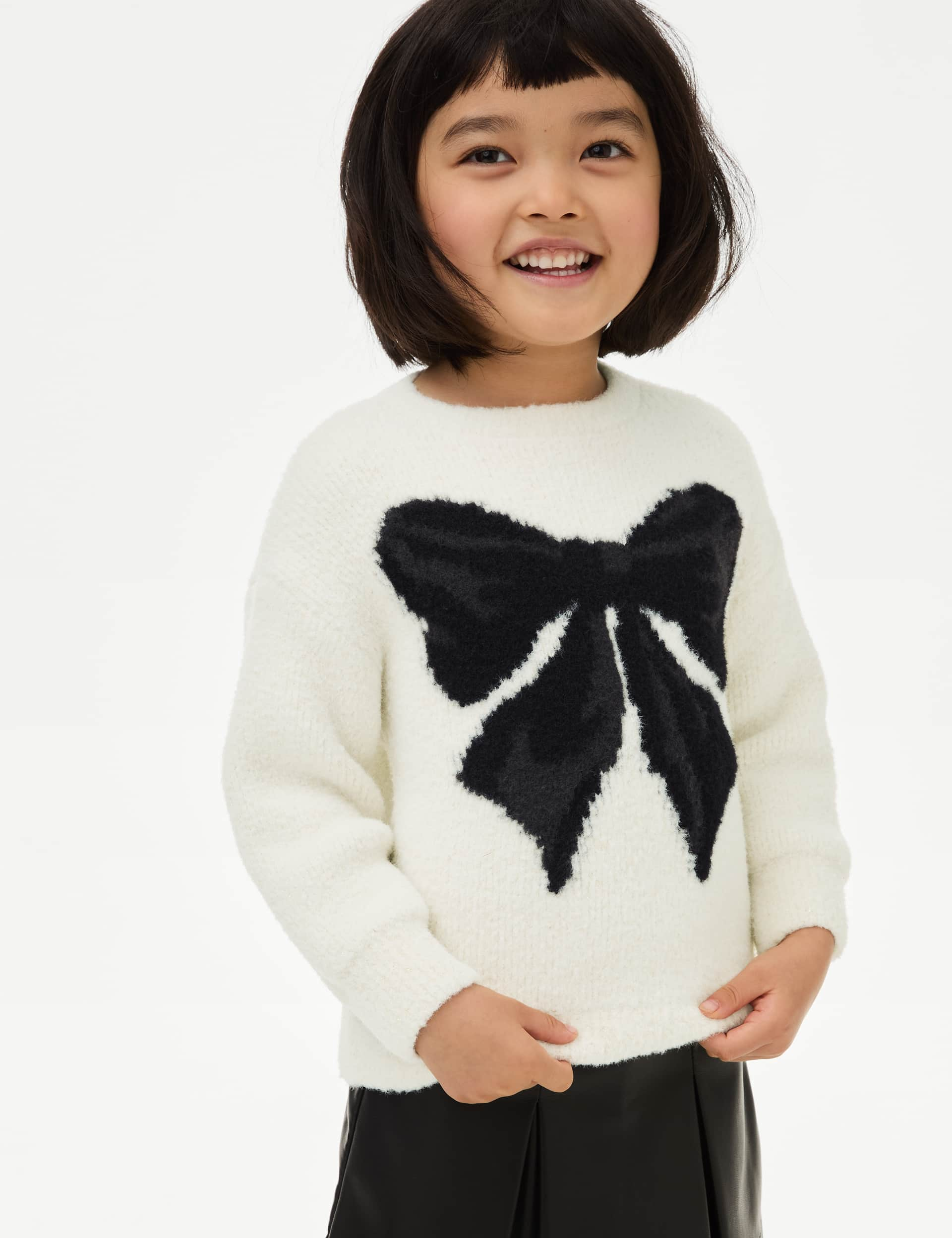 M&S Girls Bow Jumper (2-8 Yrs) - 3-4 Y - Ecru, Ecru