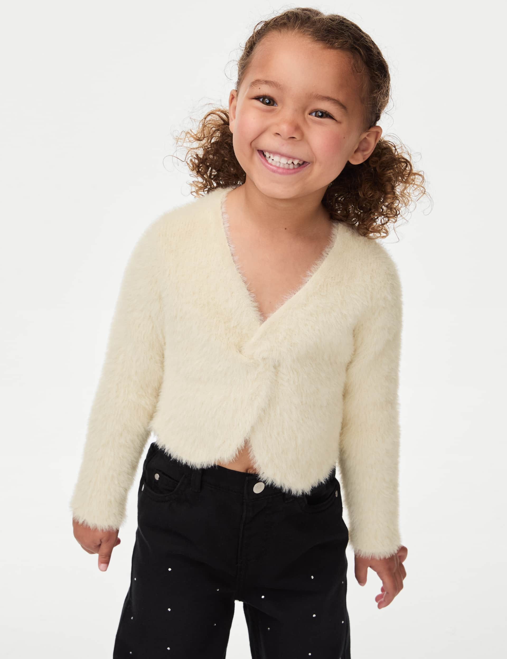 M&S Girls Fluffy Knot Front Cropped Jumper (2-8 Yrs) - 4-5 Y - Cream, Cream