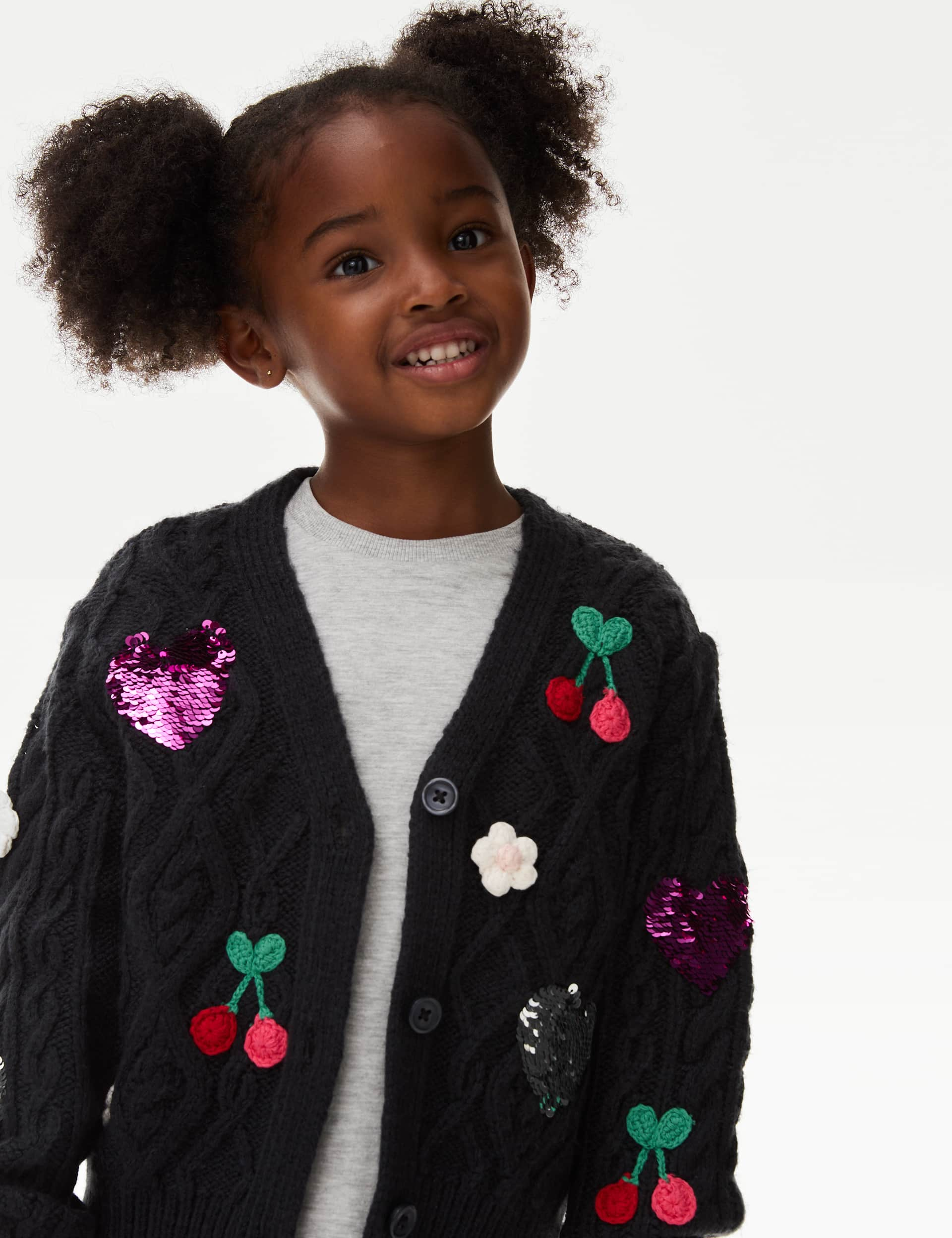 M&S Girls Embroidered Sequin Heart Cherry Cardigan (2-8 Yrs) - 3-4 Y - Carbon, Carbon