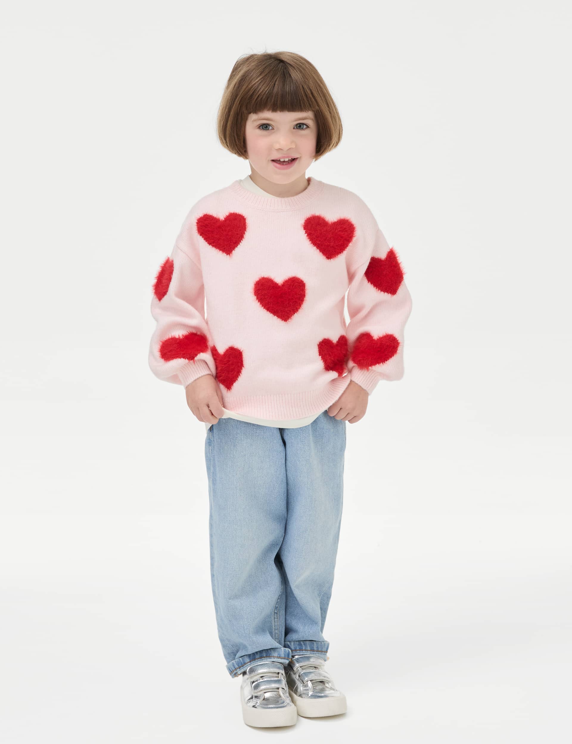 M&S Girls Heart Boucl Jumper (2-8 Yrs) - 6-7 Y - Pink Mix, Pink Mix