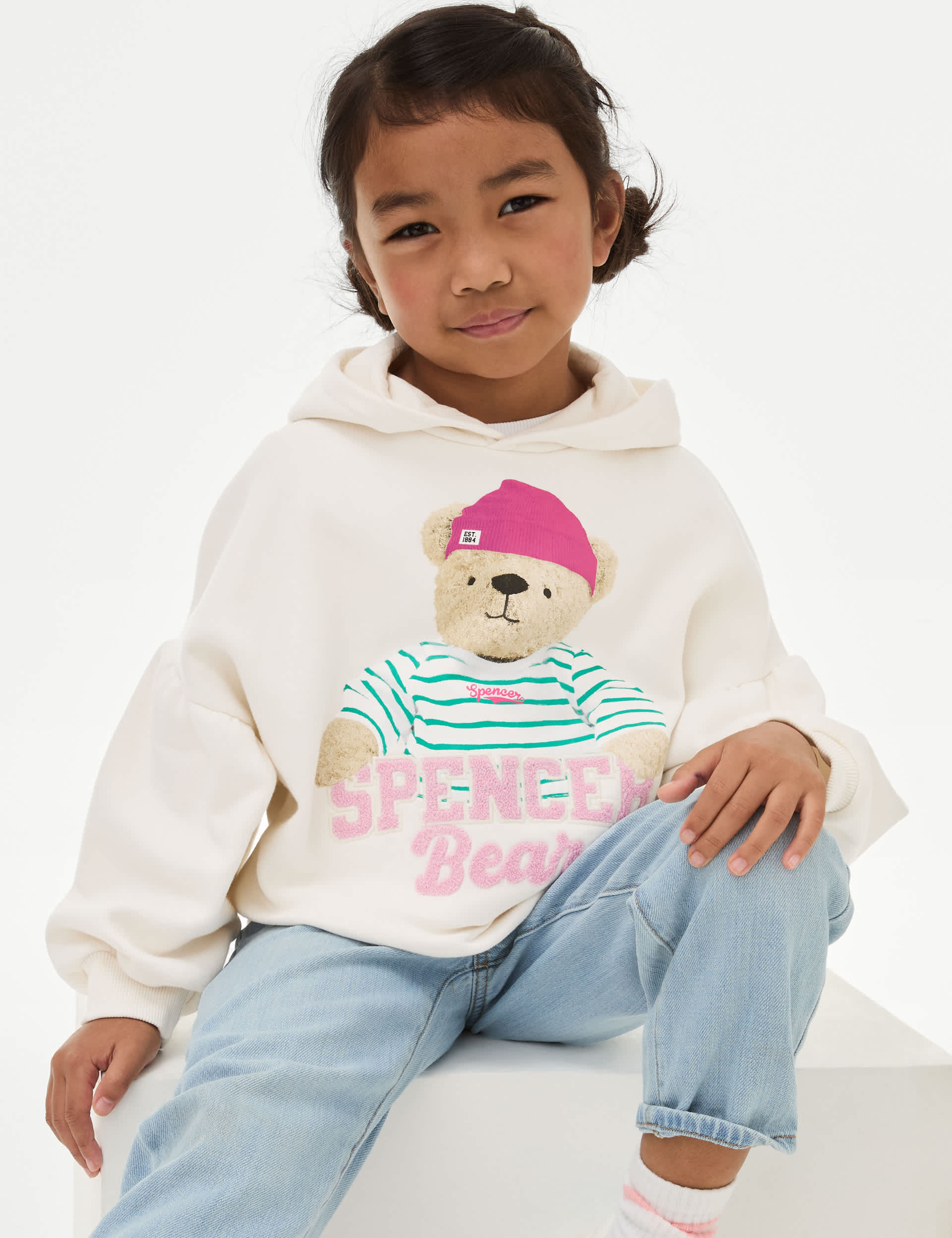 Girls Cotton Rich Spencer Bear Hoodie (2-8 Yrs) - 6-7 Y - Oatmeal, Oatmeal