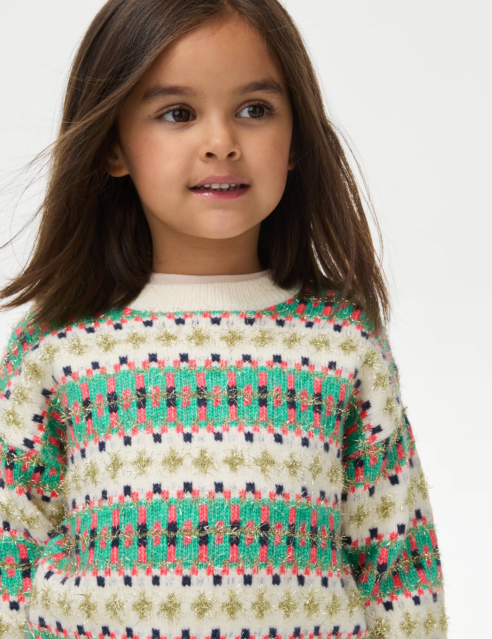 M&S Girls Sparkle Fair Isle Stripe Jumper (2-10 Yrs) - 6-7 Y - Multi, Multi