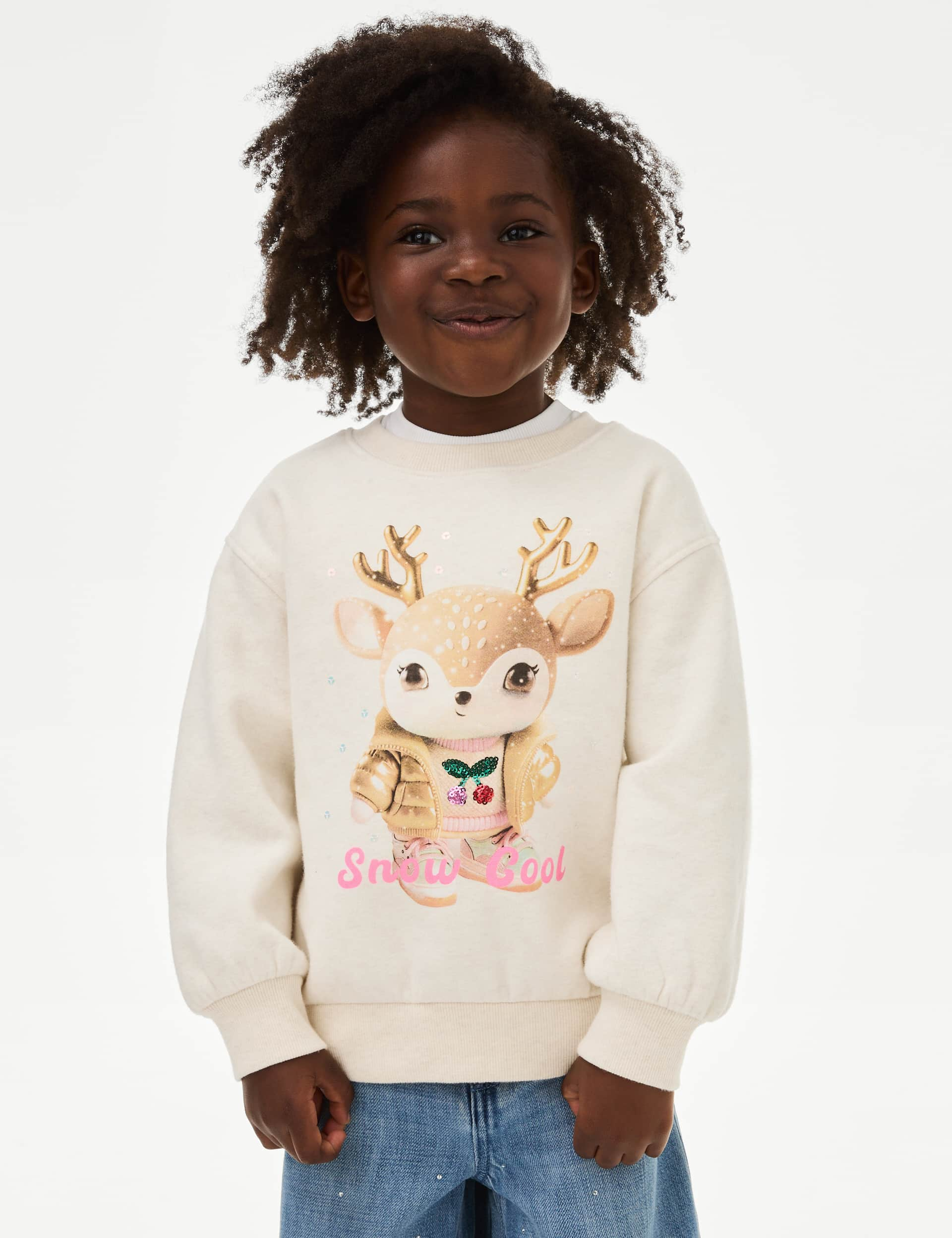 M&S Girls Cotton Rich Christmas Reindeer Sweatshirt (2-8 Yrs) - 4-5 Y - Grey Marl, Grey Marl