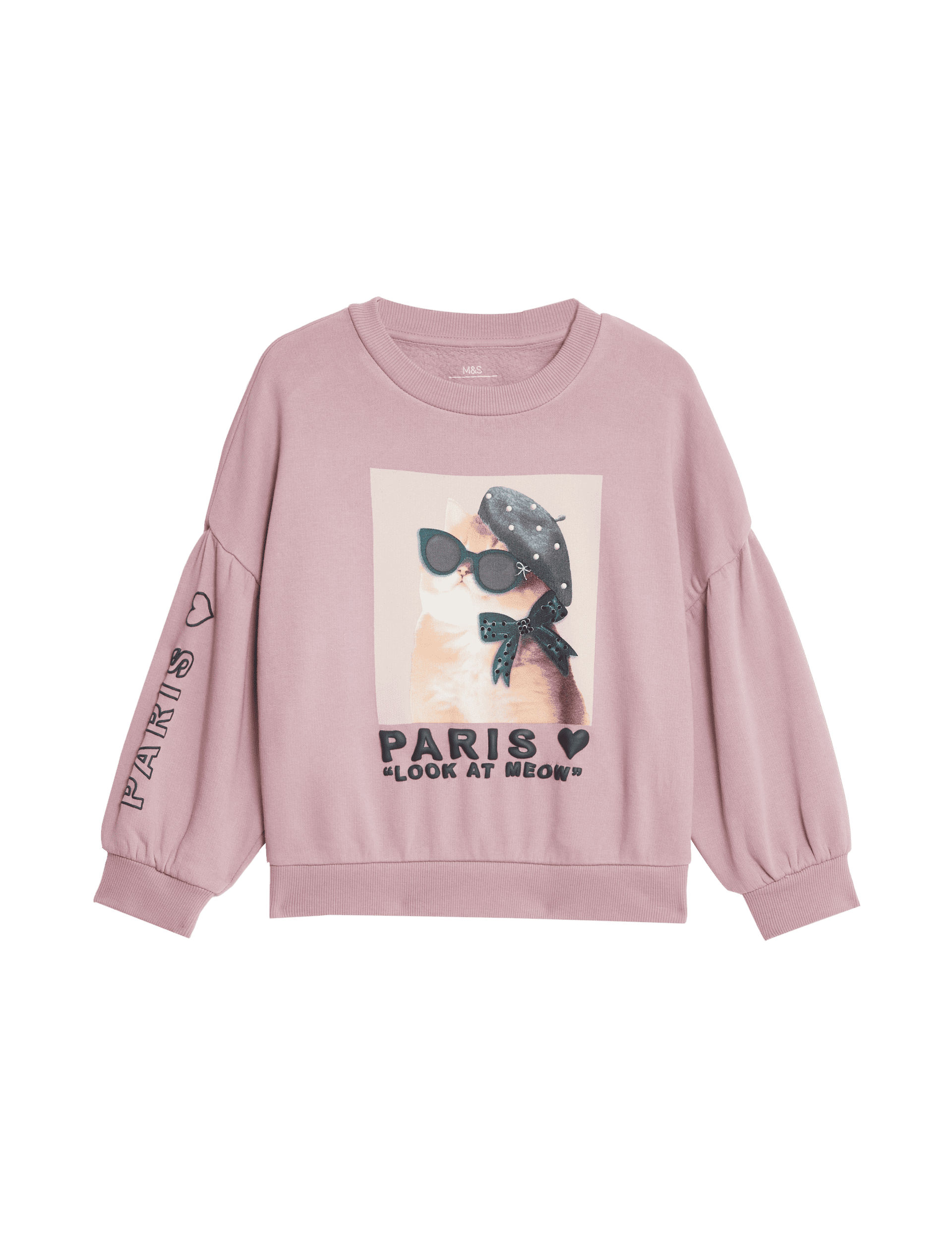 M&S Collection Girls Cotton Rich Paris Cat Sweatshirt (2-10 Yrs) - 6-7 Y - Pink Mix, Pink Mix