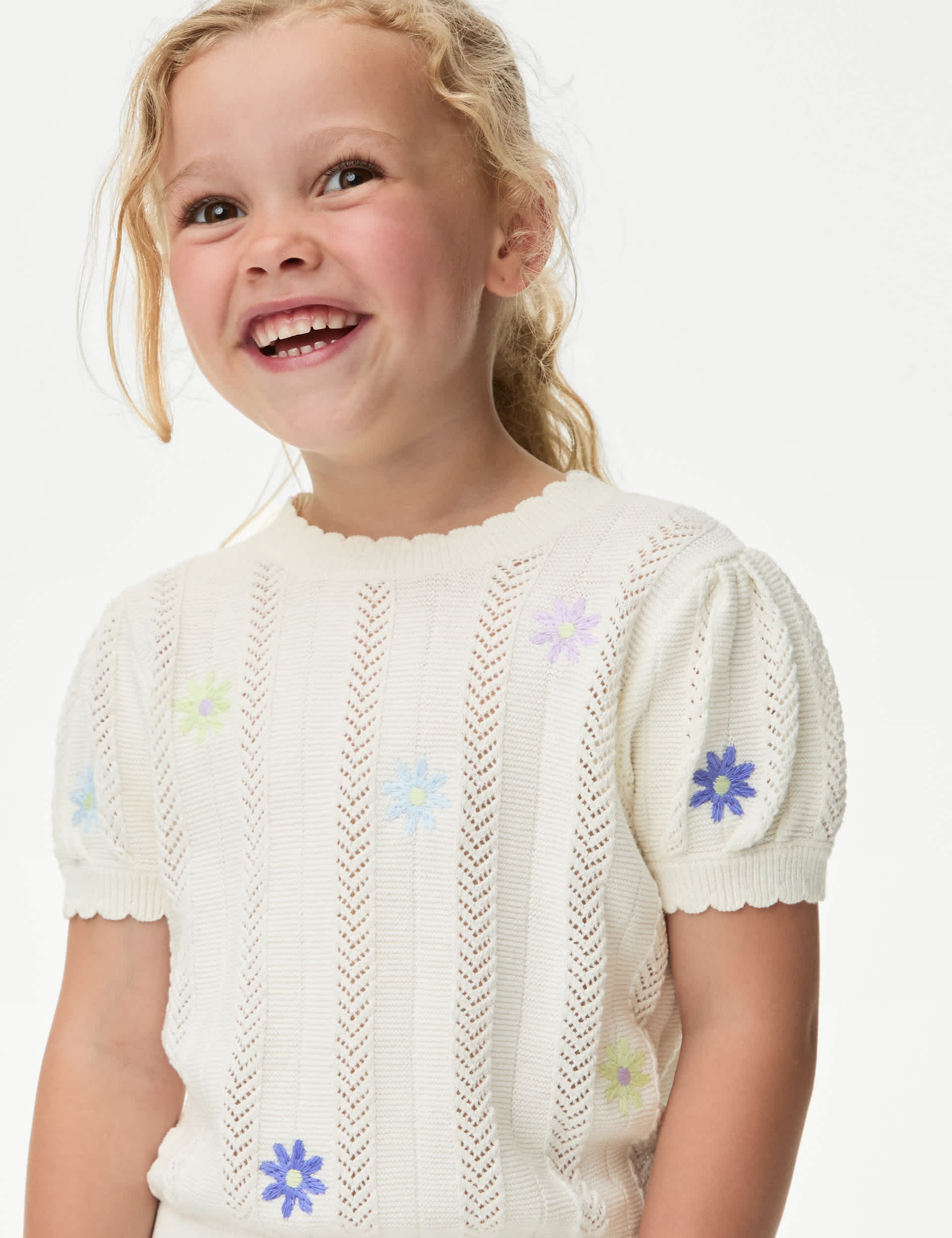 M&S Girls Pure Cotton Floral Knitted Top (2-8 Yrs) - 3-4 Y - Ivory, Ivory