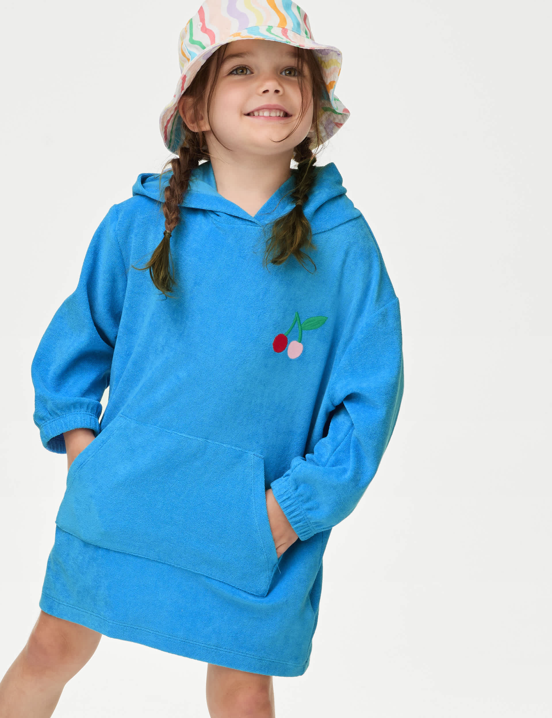 M&S Girls Cotton Rich Cherry Towelling Poncho (2-8 Yrs) - 6-7 Y - Blue, Blue