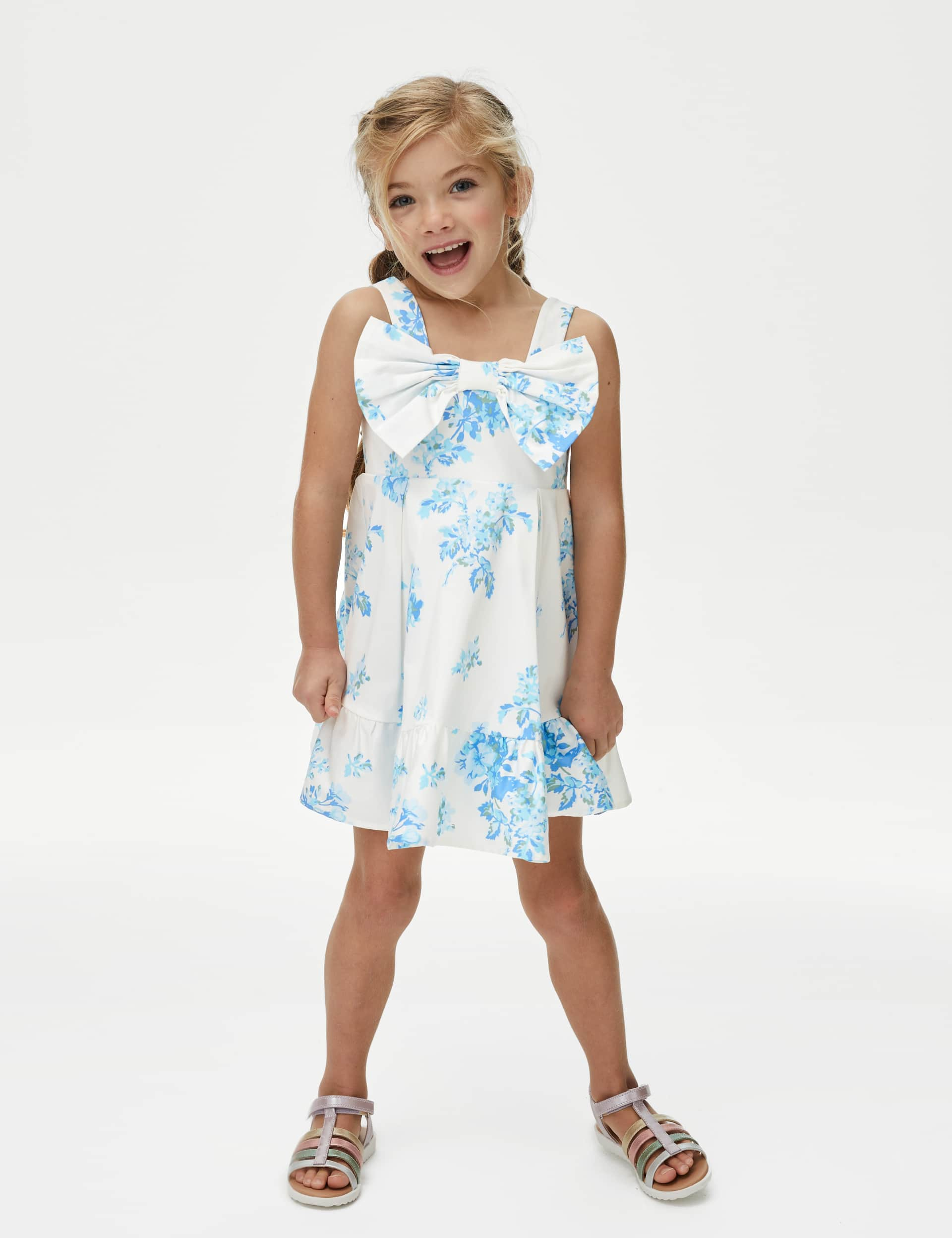 M&S Girls Cotton Rich Sateen Floral Dress (2-7 Yrs) - 5-6 Y - Blue Mix, Blue Mix,Coral