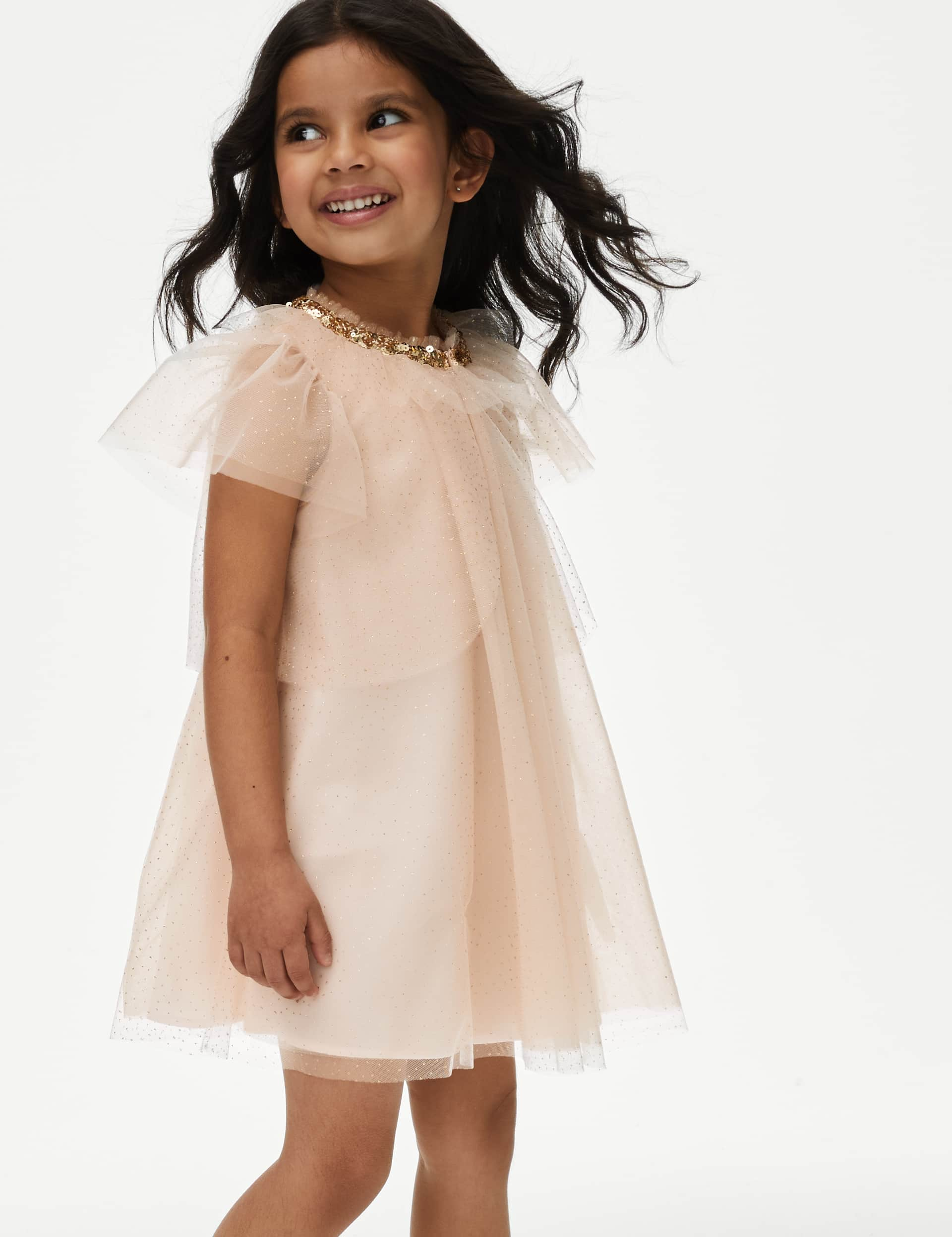 M&S Girls 2pc Tulle Glitter Dress and Cape (2-7 Yrs) - 6-7 Y - Blush, Blush,Pearl Grey