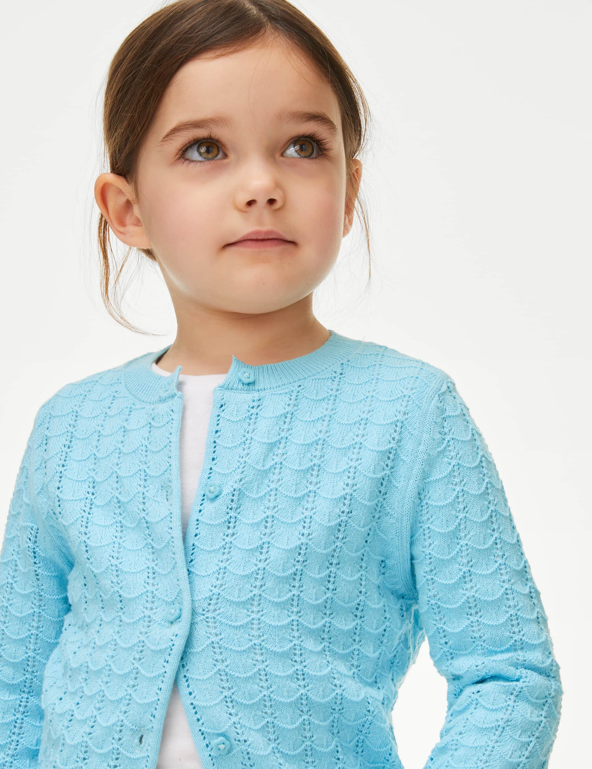 M&S Girls Pure Cotton Pointelle Cardigan (2-8 Yrs) - 2-3 Y - Light Turquoise, Ivory,Light Lilac,Ligh