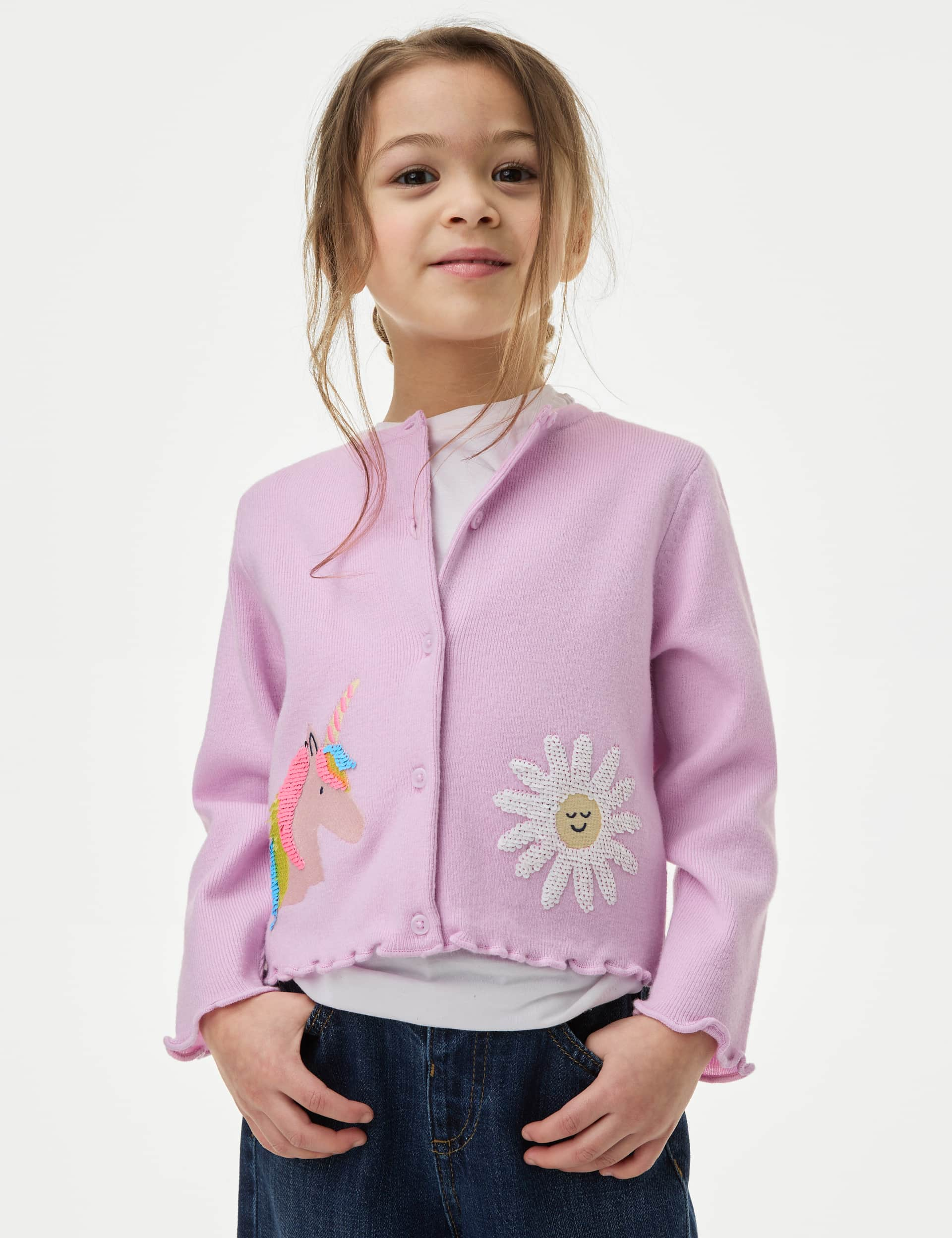 M&S Girls Sequin Embellished Cardigan (2-8 Yrs) - 2-3 Y - Pink, Ecru,Pink