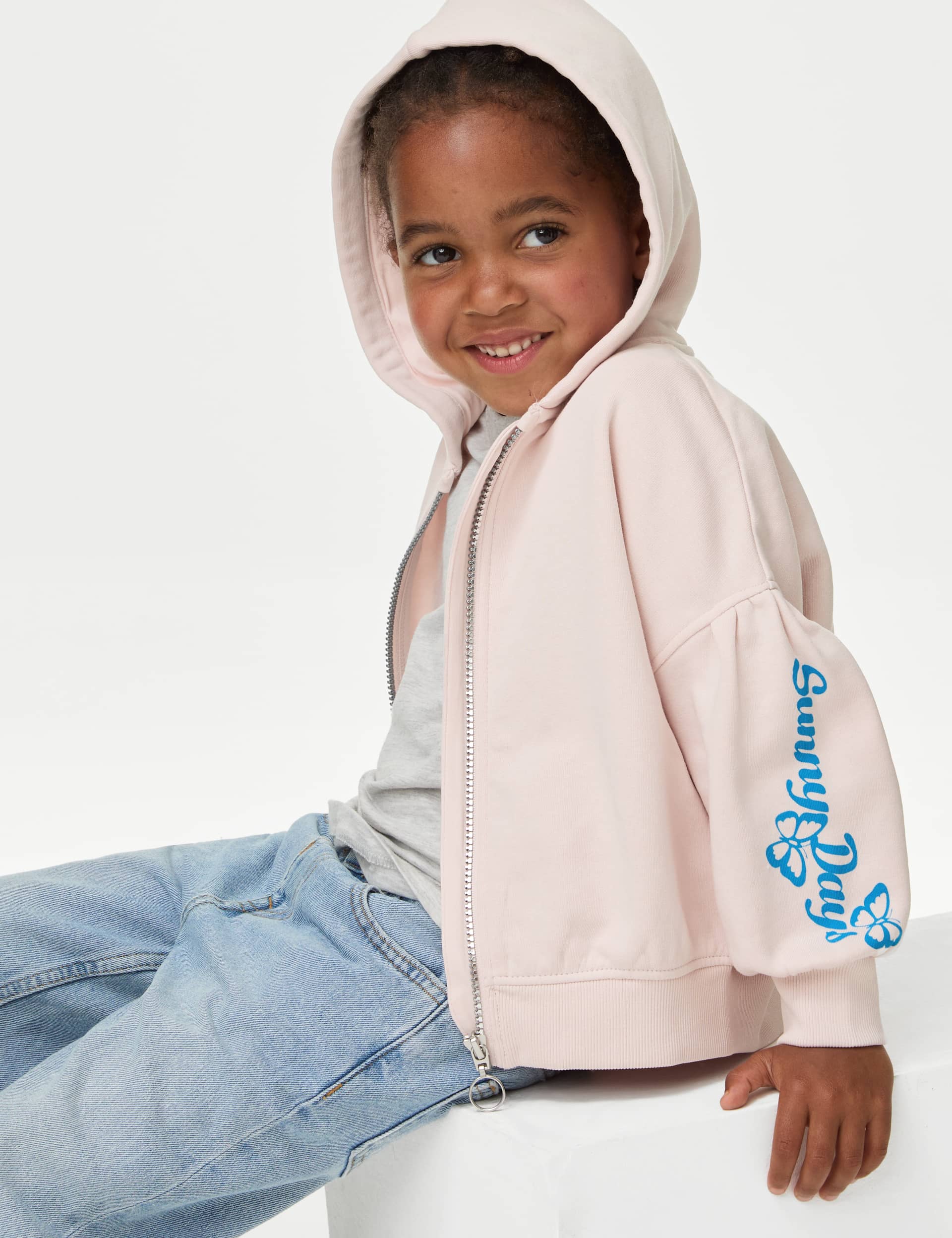 M&S Girls Cotton Rich Zip Slogan Hoodie (2-8 Yrs) - 5-6 Y - Pink, Blue,Pink