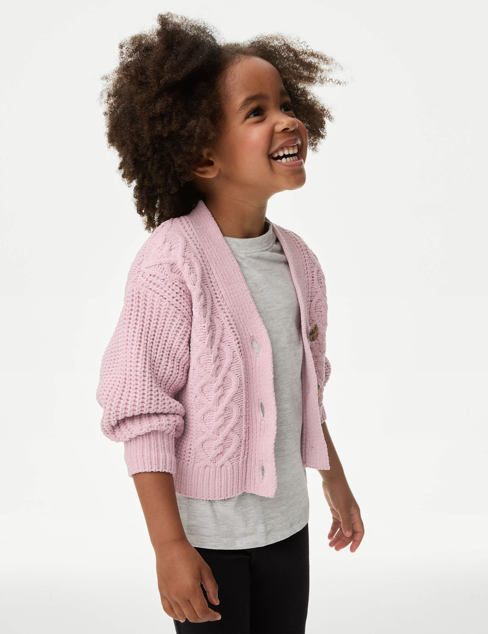 M&S Girls Chunky Knit Cardigan (2-8 Yrs) - 6-7 Y - Pink, Green,Pink,Navy,Ivory