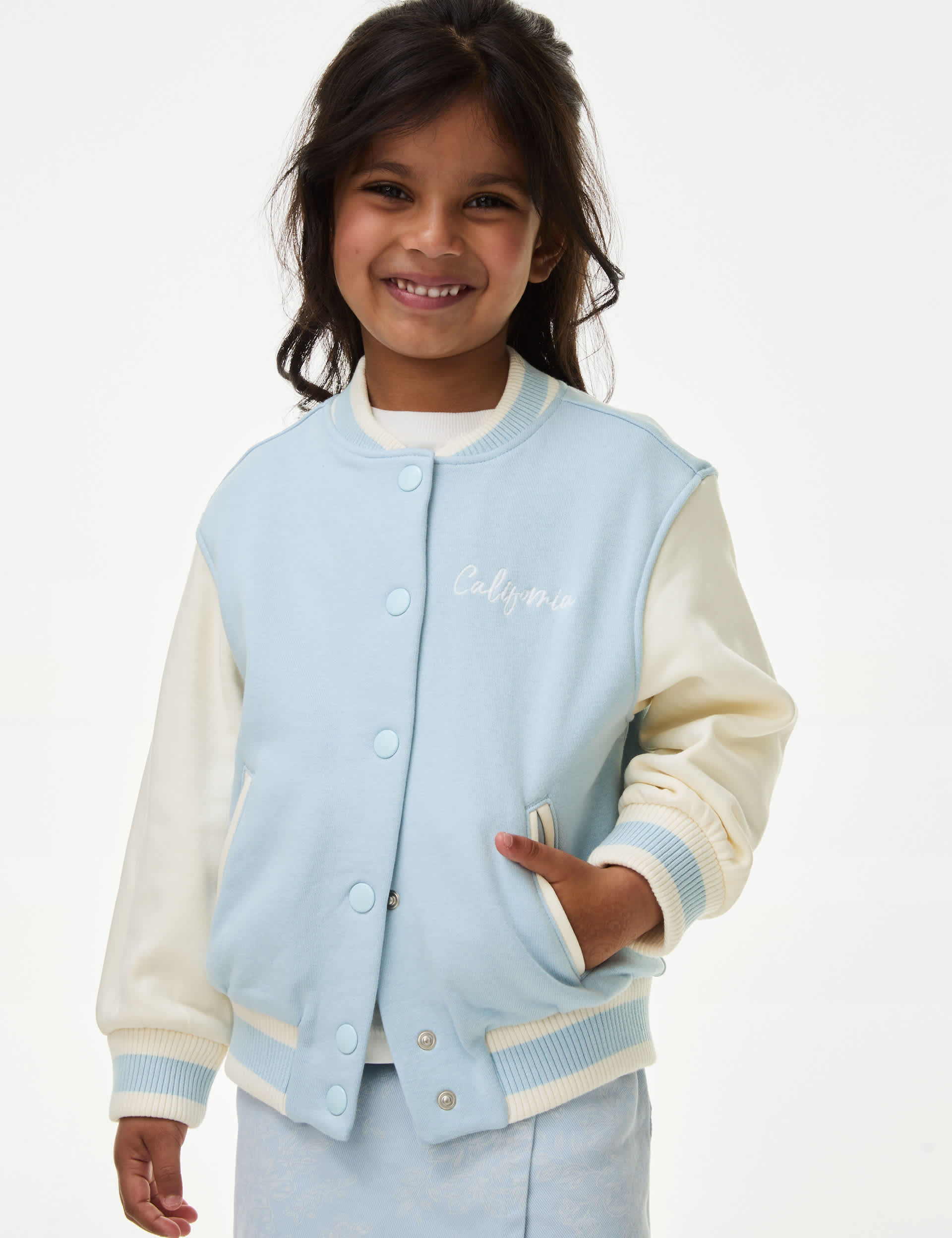 M&S Girls Cotton Rich Los Angeles Bomber (2-8 Yrs) - 3-4 Y - Blue Mix, Blue Mix