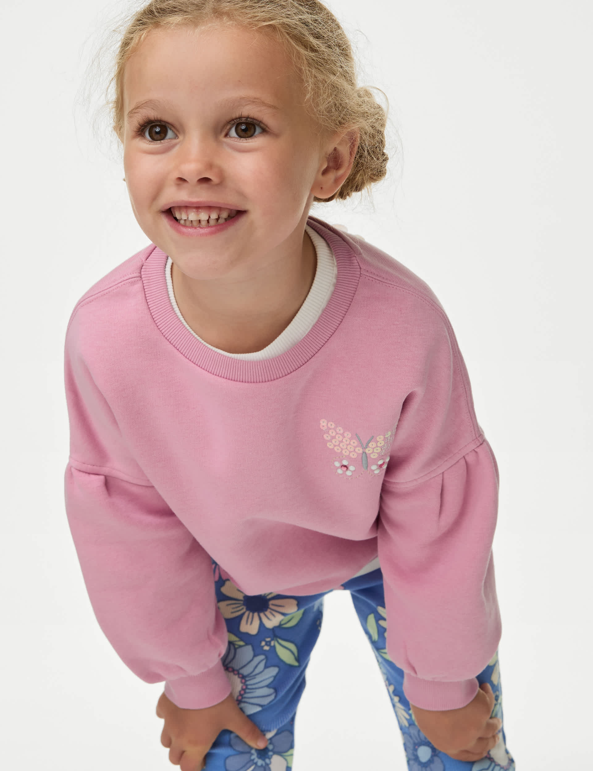 M&S Girls Cotton Rich Butterfly Sweatshirt (2-8 Yrs) - 5-6 Y - Pink, Pink