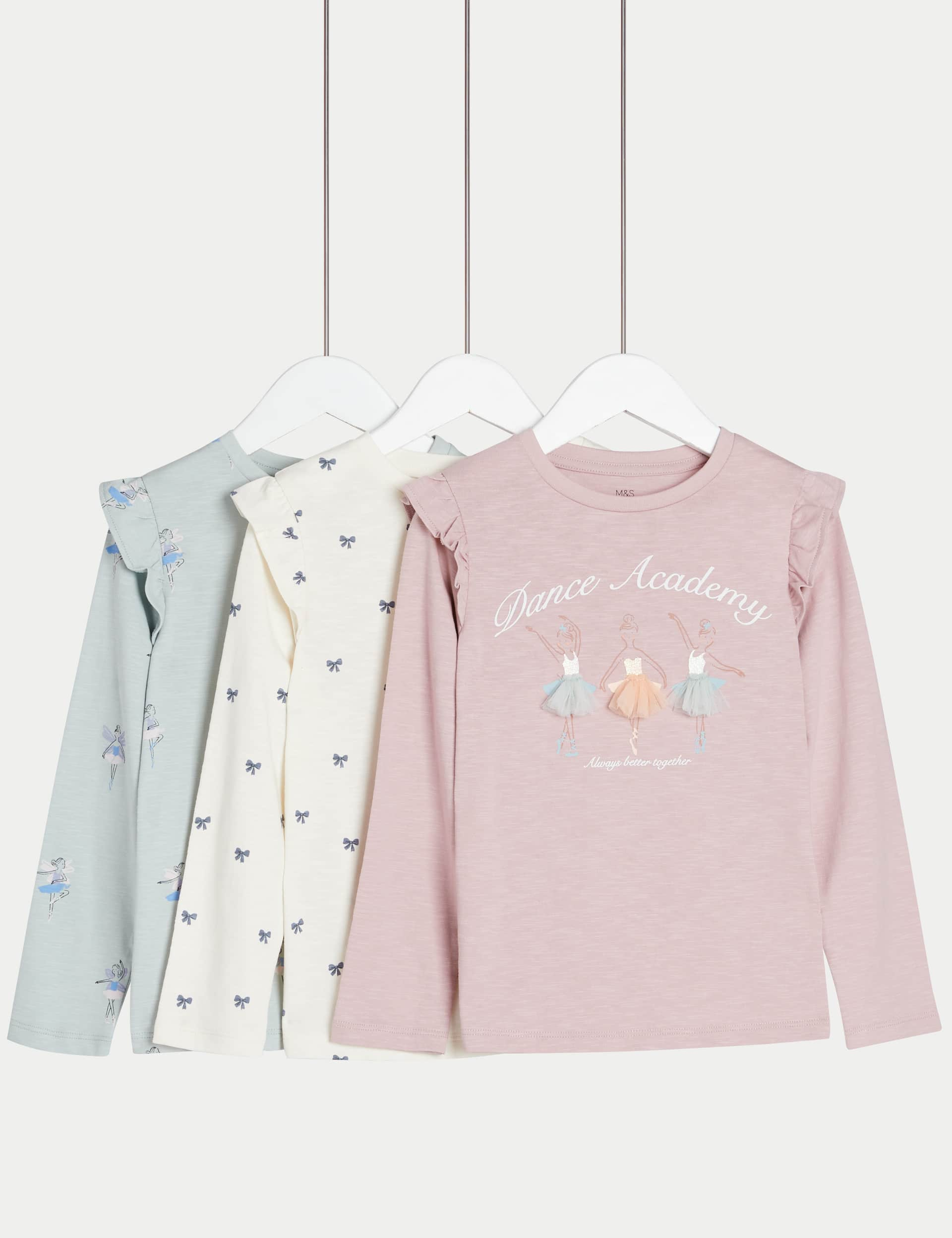 M&S Girls 3pk Pure Cotton Ballet Print Tops (2-8 Yrs) - 2-3 Y - Pink, Pink