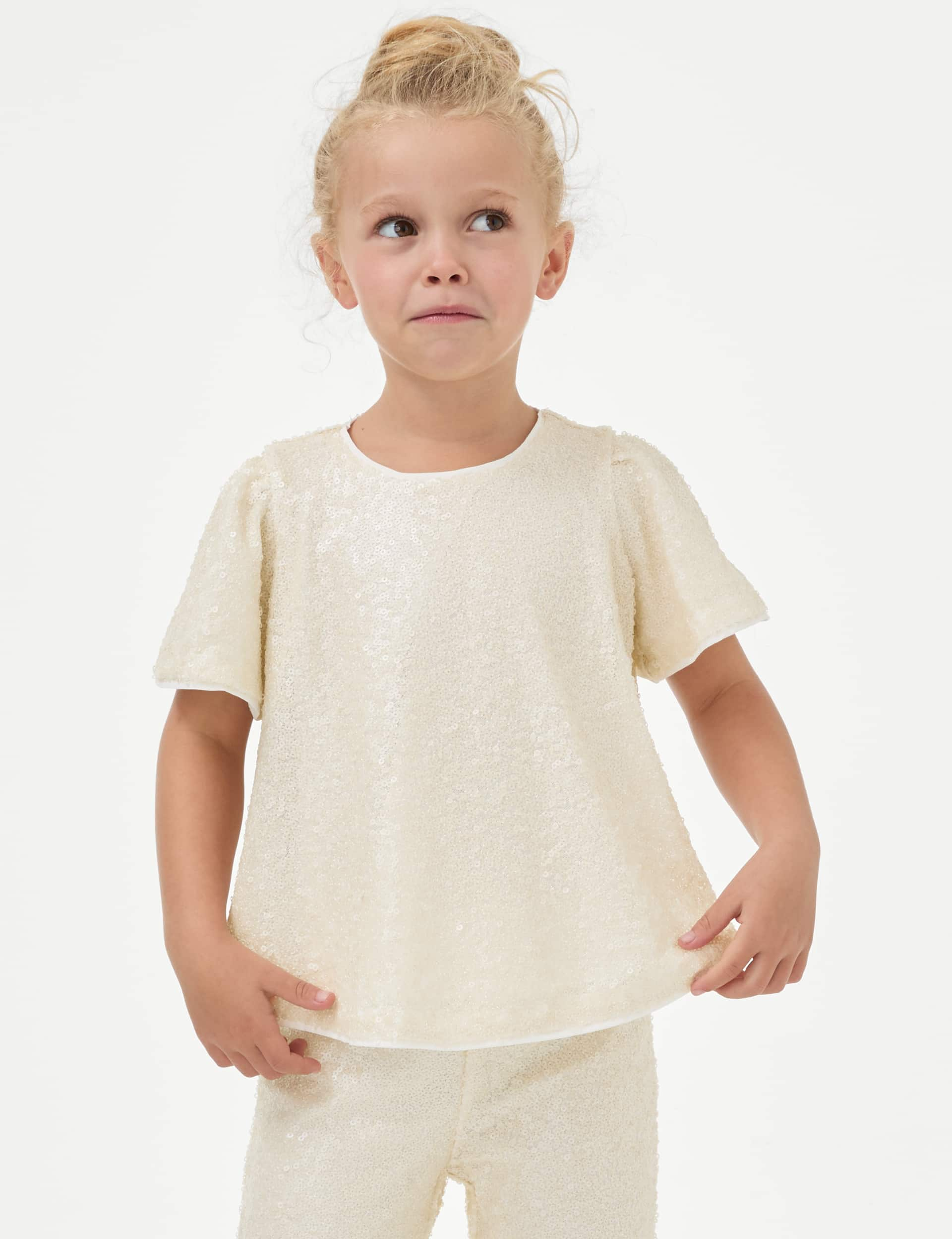 M&S Girls Cotton Rich Sequin Top (2-8 Yrs) - 5-6 Y - Light Gold, Pink,Light Gold