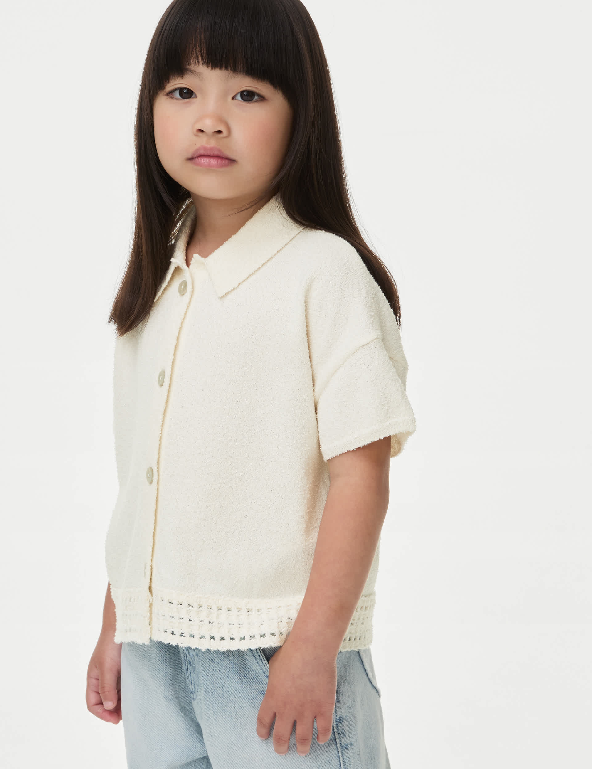 M&S Girls Cotton Rich Knitted Shirt (2-8 Yrs) - 2-3 Y - Cream, Cream