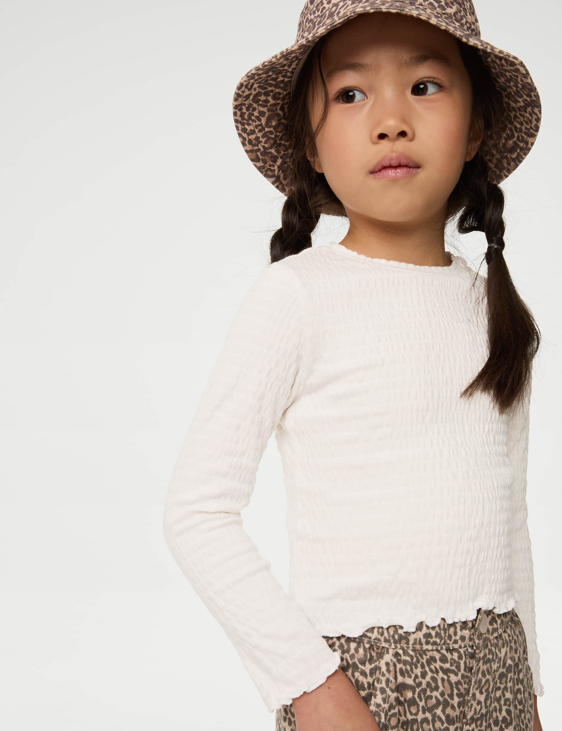 M&S Collection Girls Cotton Rich Crinkle Jersey Top (2-8 Yrs) - 7-8 Y - Ecru, Neutral Brown,Ecru