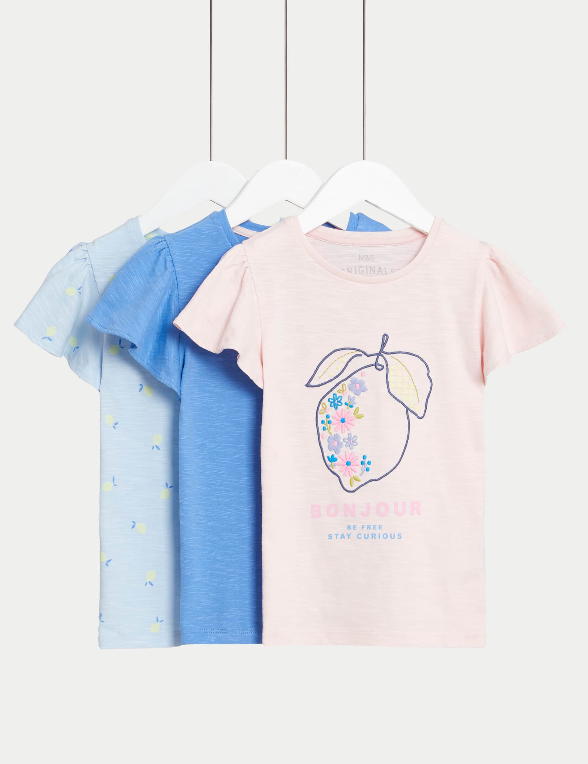 M&S Girls 3pk Pure Cotton Lemon Graphic T-Shirts (2-8 Yrs) - 4-5 Y - Multi, Multi