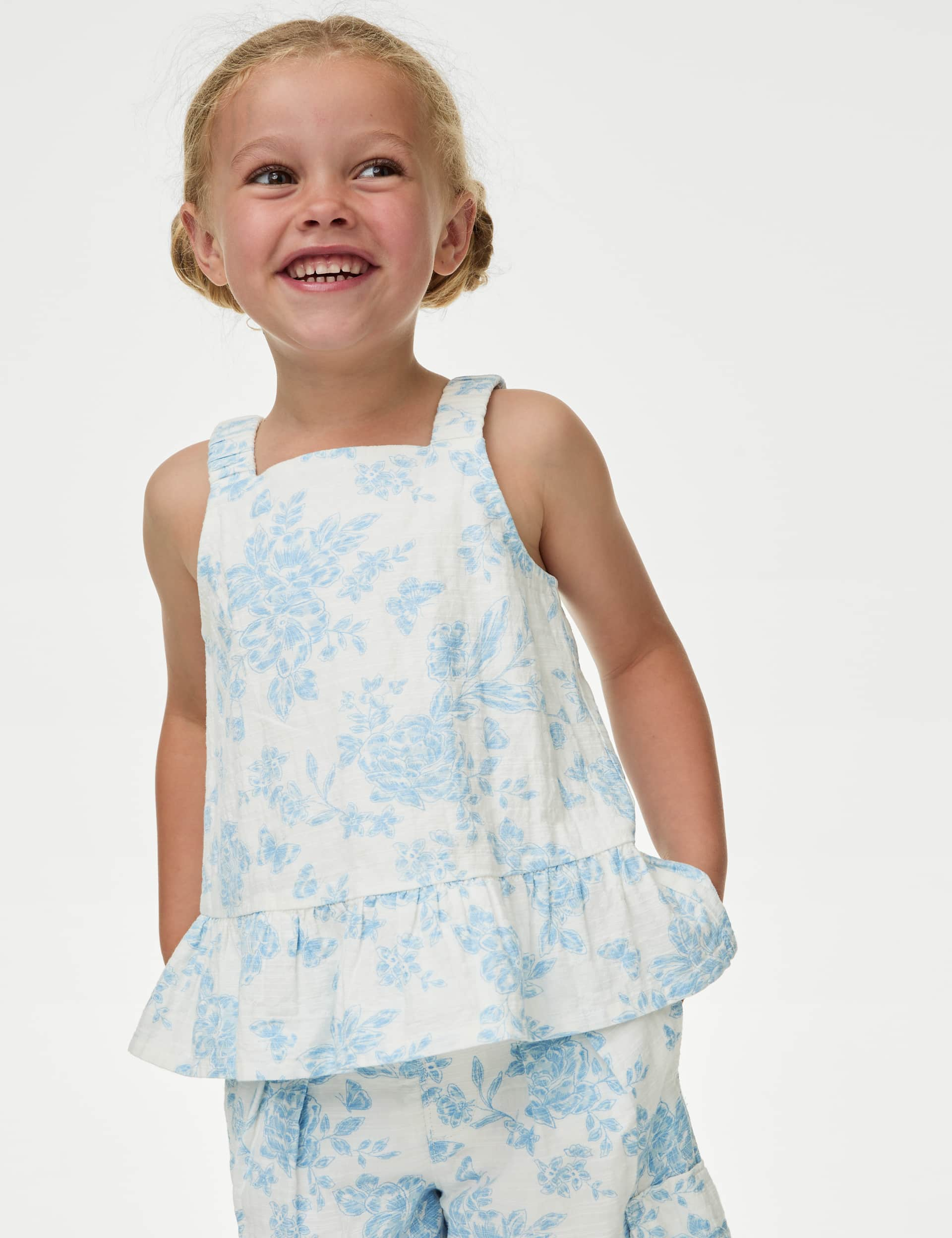 M&S Girls Cotton Rich Floral Top (2-8 Yrs) - 3-4 Y - Ivory Mix, Ivory Mix