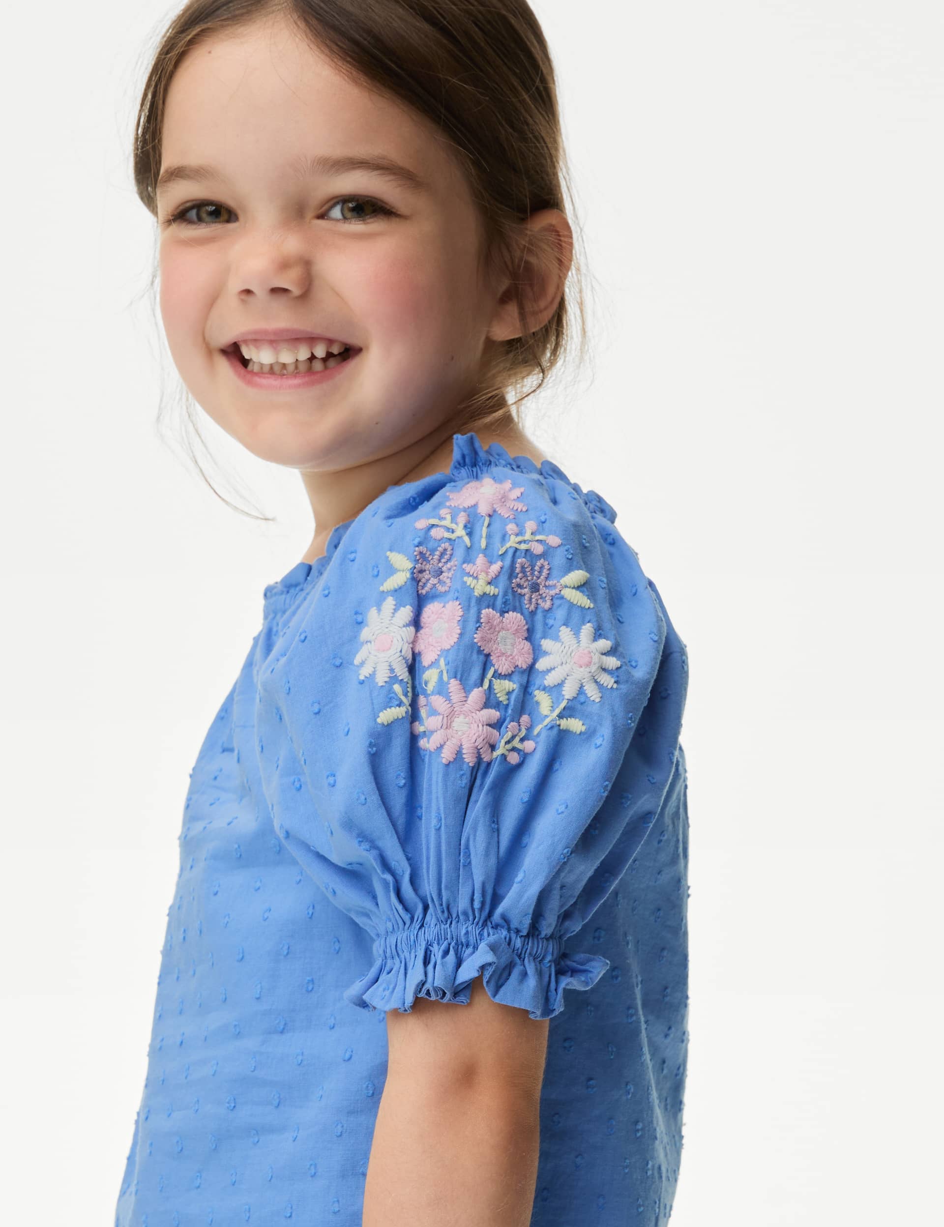 M&S Girls Pure Cotton Floral Embroidered Top (2-8 Yrs) - 5-6 Y - Fresh Blue, Fresh Blue