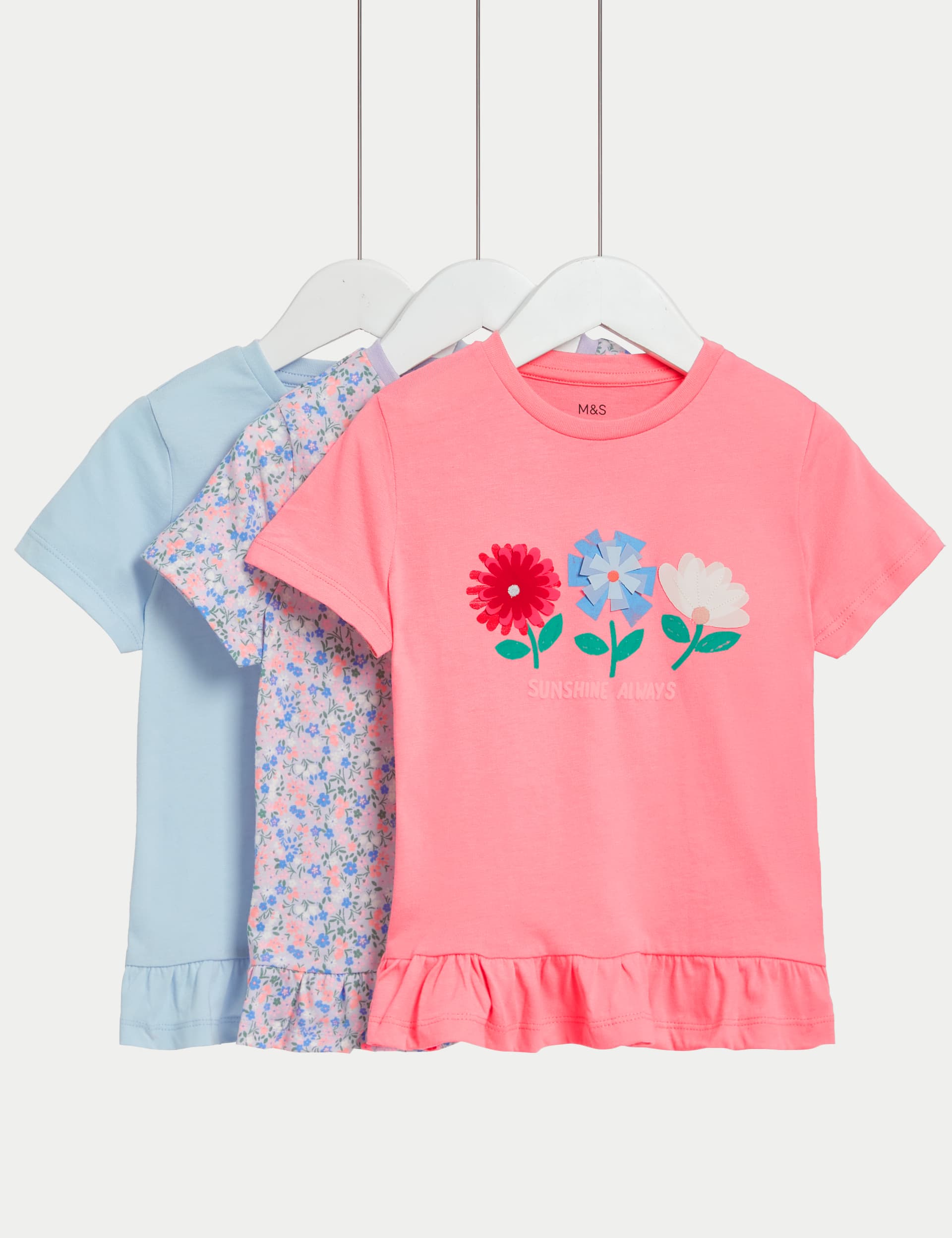 M&S Girls 3pk Pure Cotton Floral T-Shirts (2-8 Yrs) - 6-7 Y - Multi, Multi