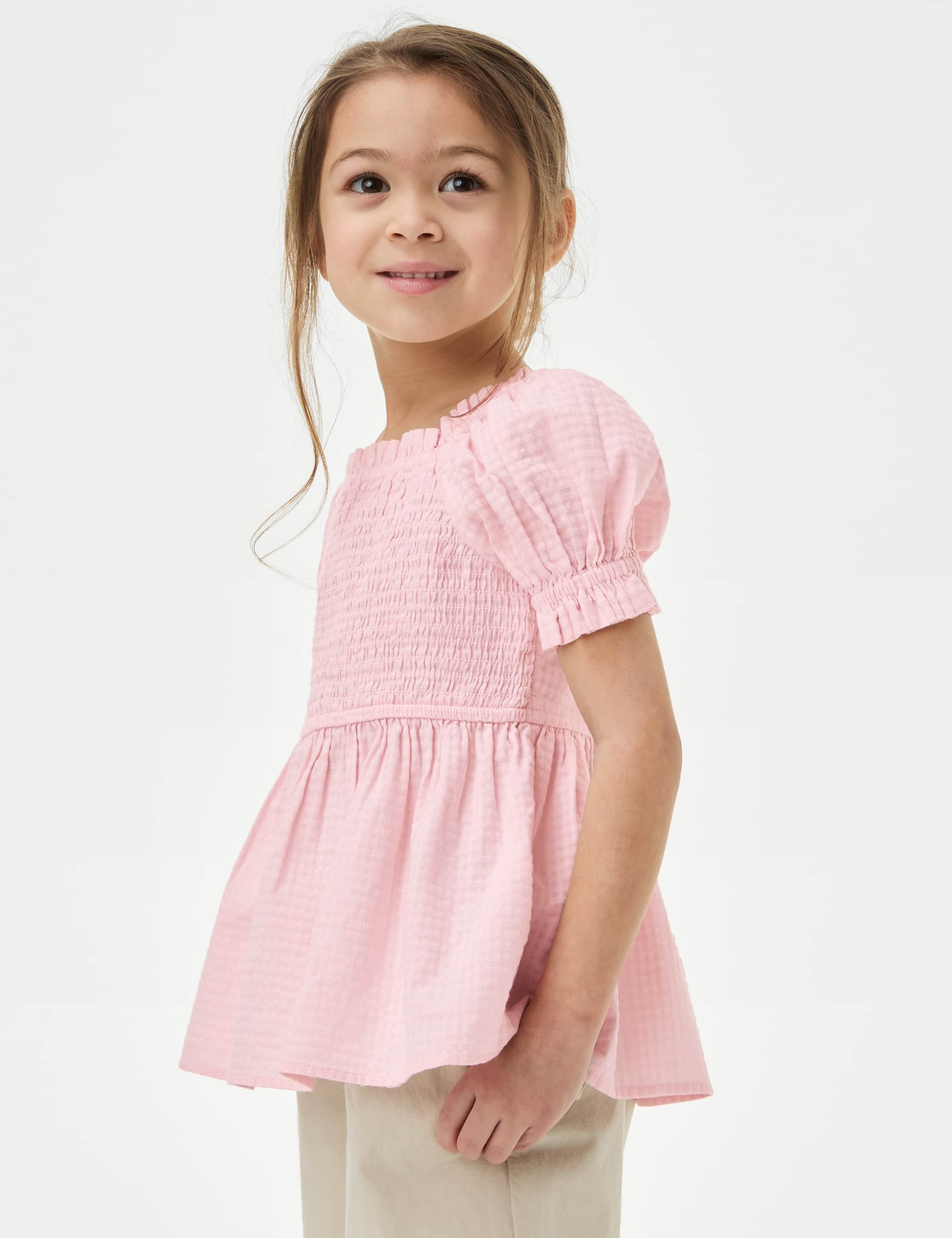 M&S Girls Pure Cotton Shirred Top (2-8 Yrs) - 7-8 Y - Pink, White,Pink