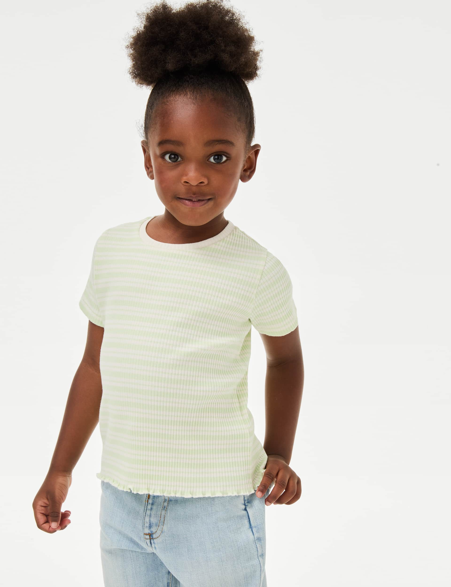 M&S Girls Cotton Rich Ribbed Striped T-Shirt (2-8 Yrs) - 3-4 Y - Green, Green,Blue,Pink