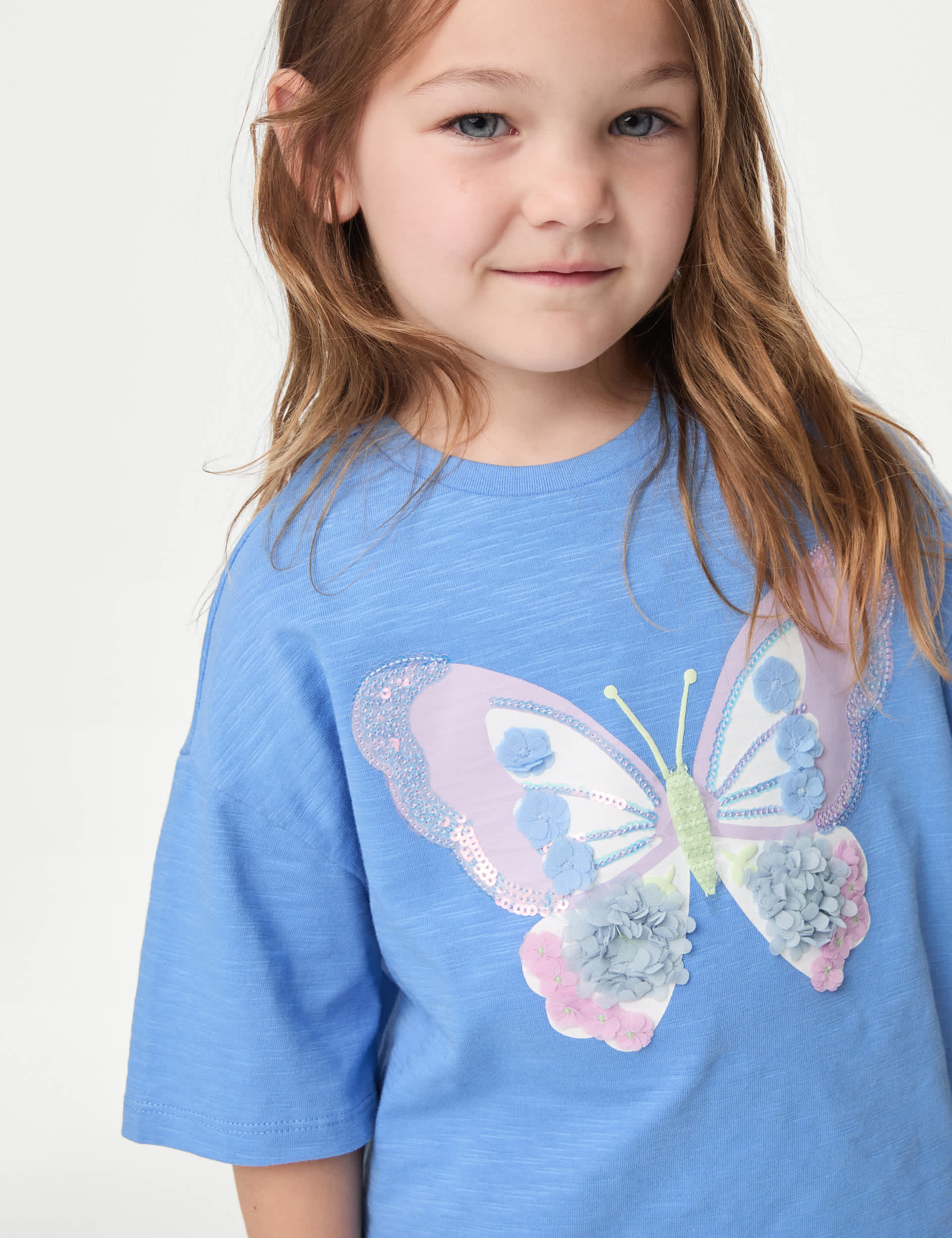 M&S Girls Pure Cotton Butterfly T-Shirt (2-8 Yrs) - 2-3 Y - Blue, Blue