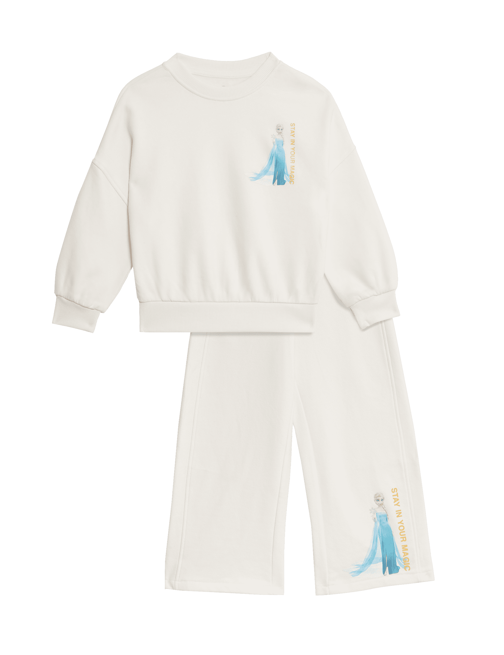 M&S Collection Girls 2pc Cotton Rich Frozen Joggers and Sweatshirt (2-8 Yrs) - 4-5 Y - Ecru, Ecru