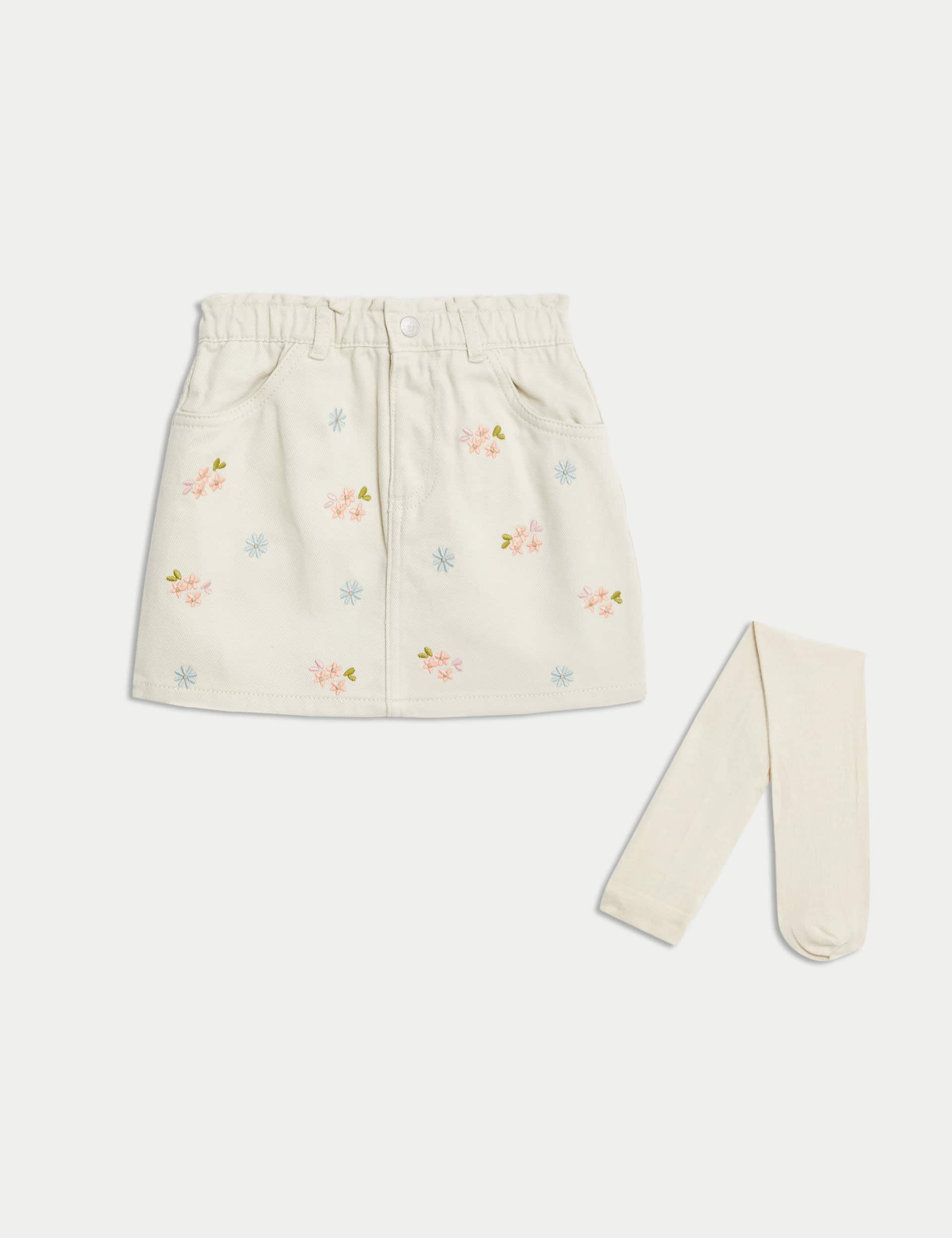 M&S Girls Mini Denim Embroidered Skirt with Tights (2-8 Yrs)