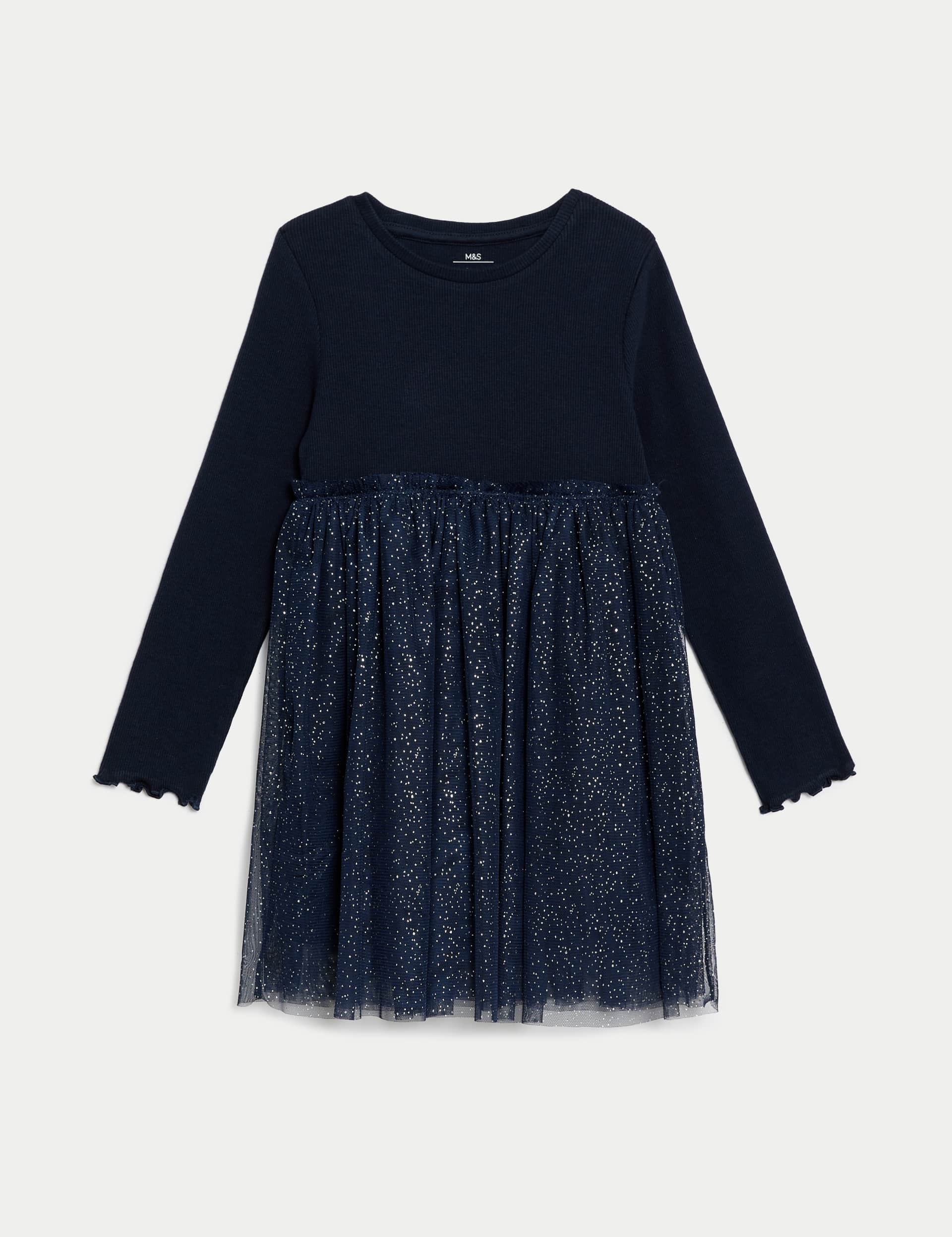 M&S Girls Cotton Rich Tulle Glitter Dress (1-8 Yrs) - 18-24 - Navy, Navy