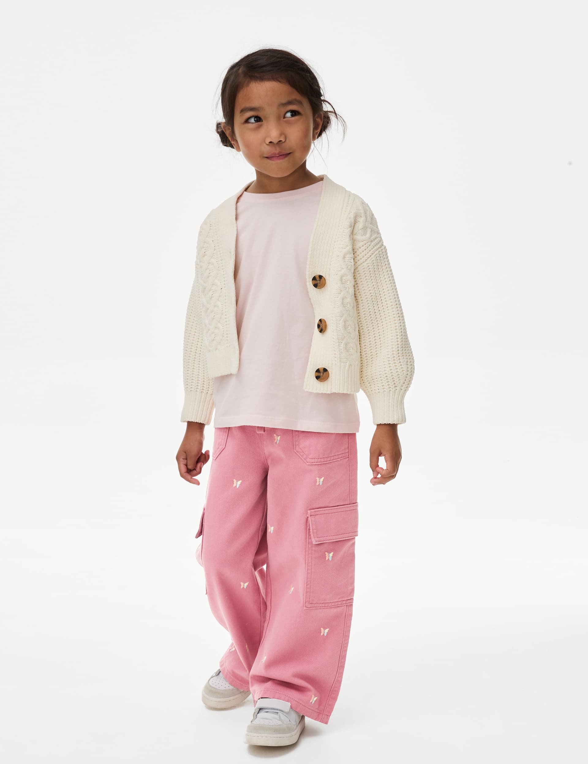 M&S Girls Pure Cotton Butterfly Cargo Trousers (2-8 Yrs) - 3-4 Y - Pink, Ecru,Pink