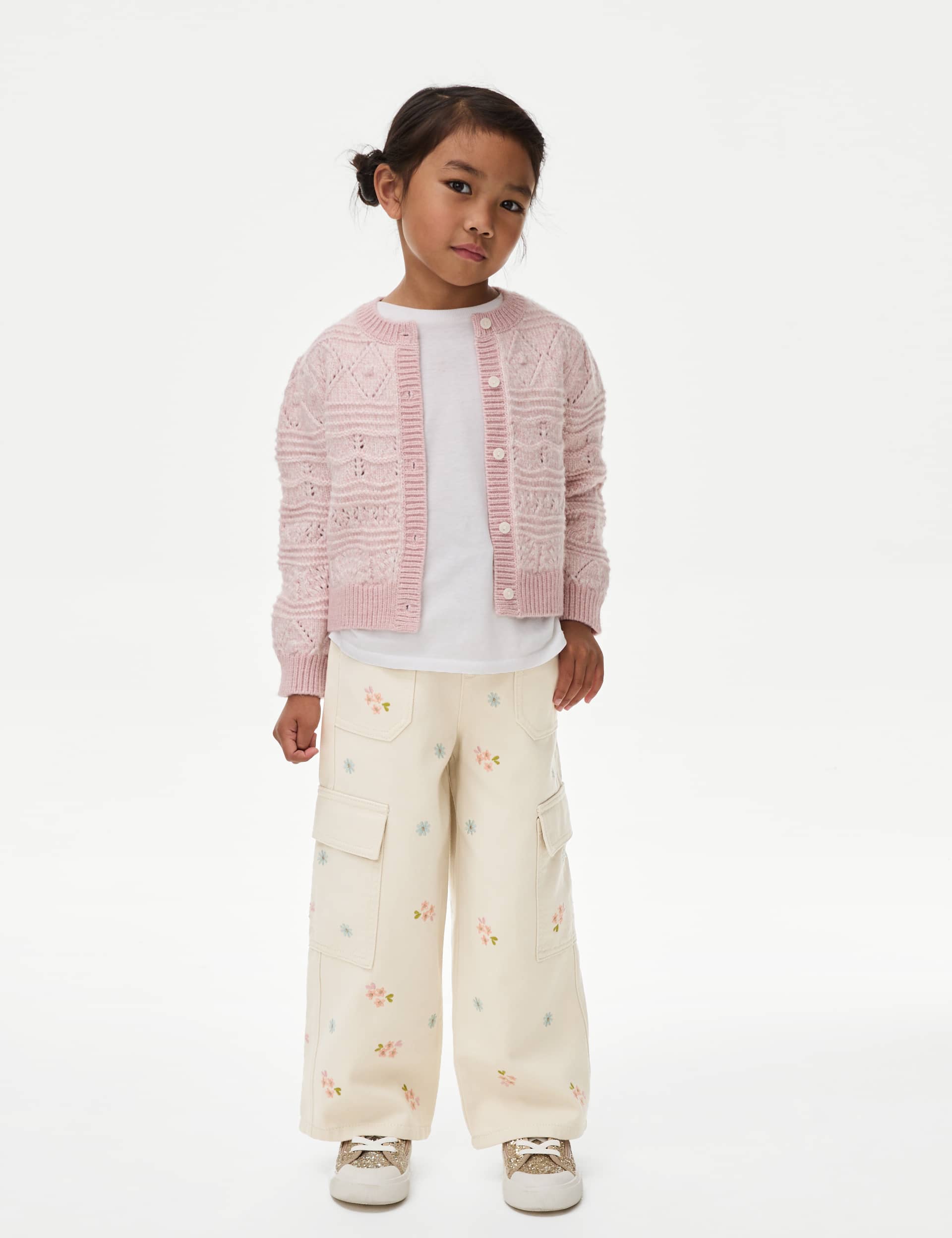 M&S Girls Pure Cotton Butterfly Cargo Trousers (2-8 Yrs) - 2-3 Y - Ecru, Ecru,Pink