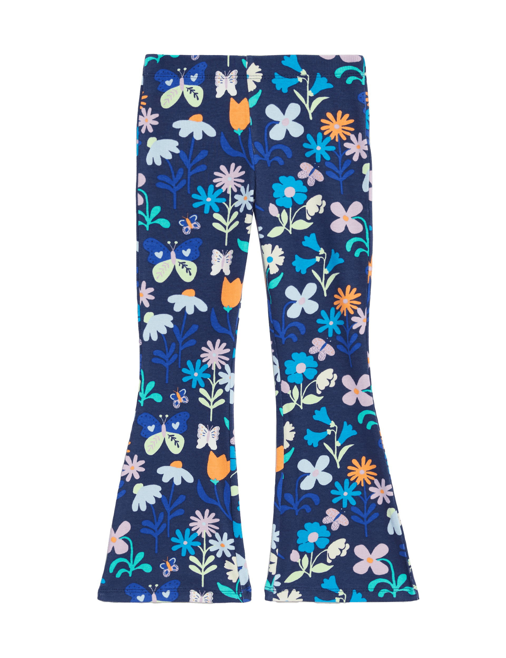 M&S Collection Girls Cotton Rich Floral Ribbed Flared Legging (2-8 Yrs) - 5-6 Y - Navy Mix, Navy Mix