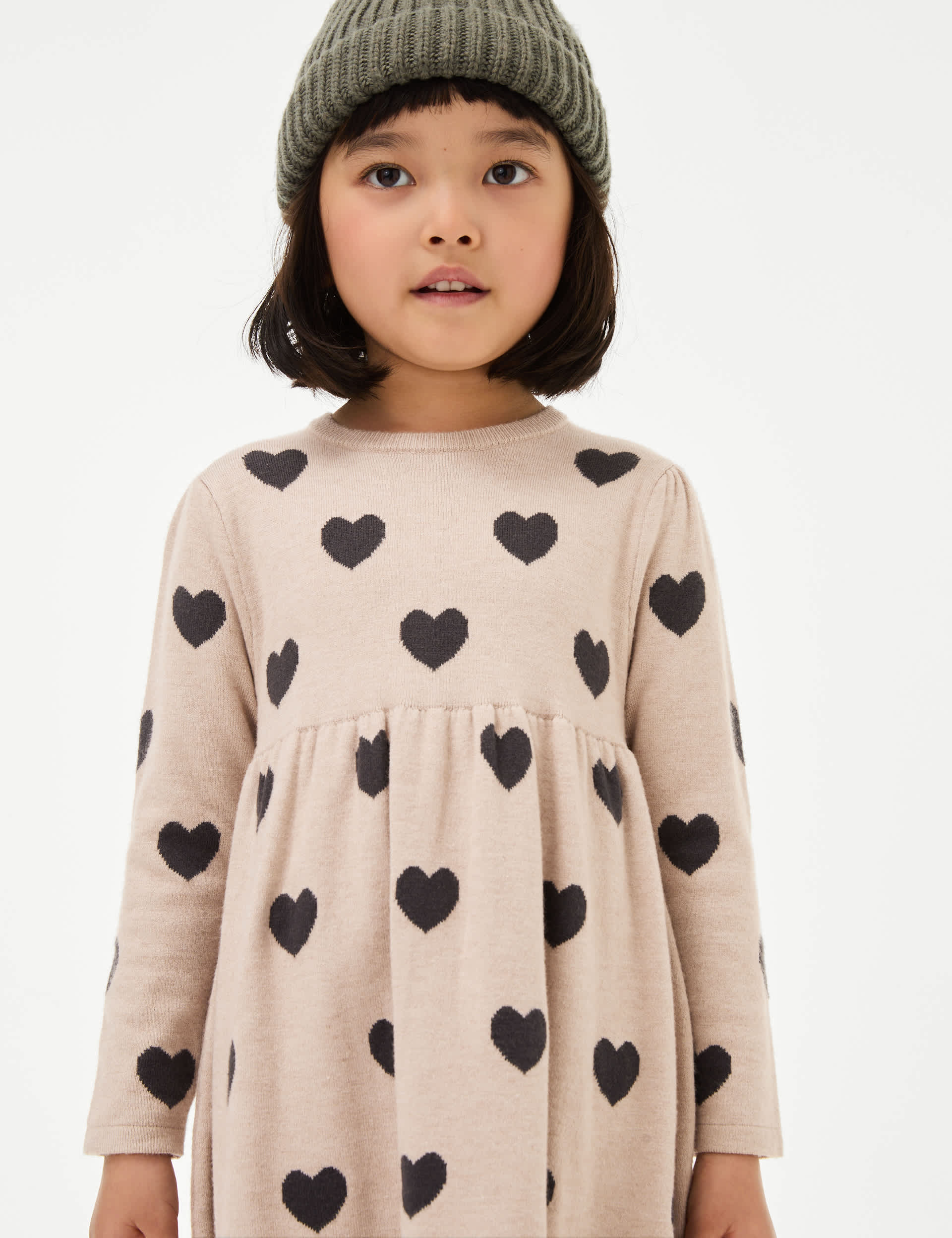 M&S Girls Knitted Heart Dress with Tights (2-8 Yrs) - 5-6 Y - Brown Mix, Brown Mix