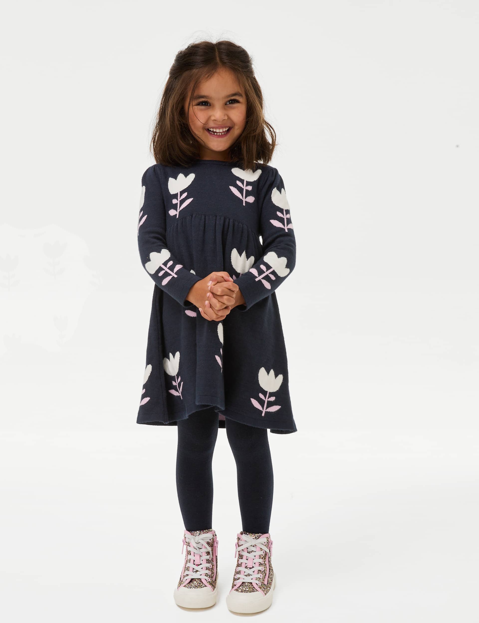 M&S Girls Knitted Floral Dress with Tights (2-8 Yrs) - 4-5 Y - Navy Mix, Navy Mix