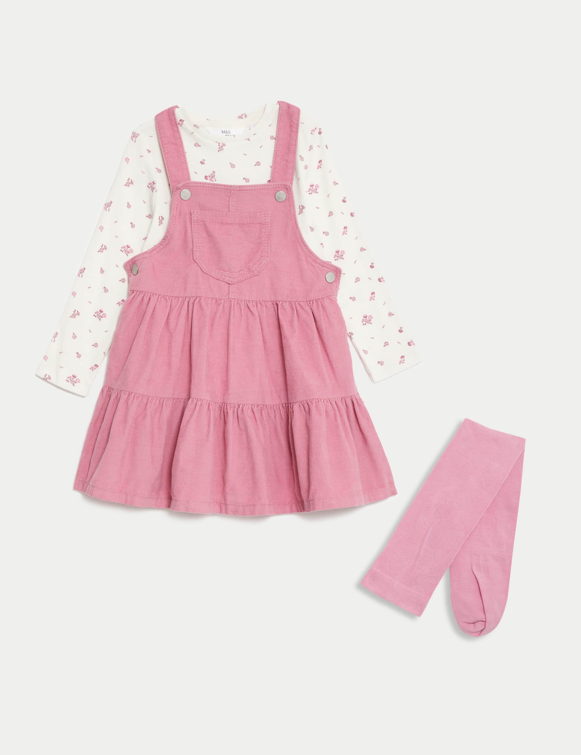 M&S Girls 3pc Cord Pinafore  Top and Tights Outfit (2-8 Yrs)