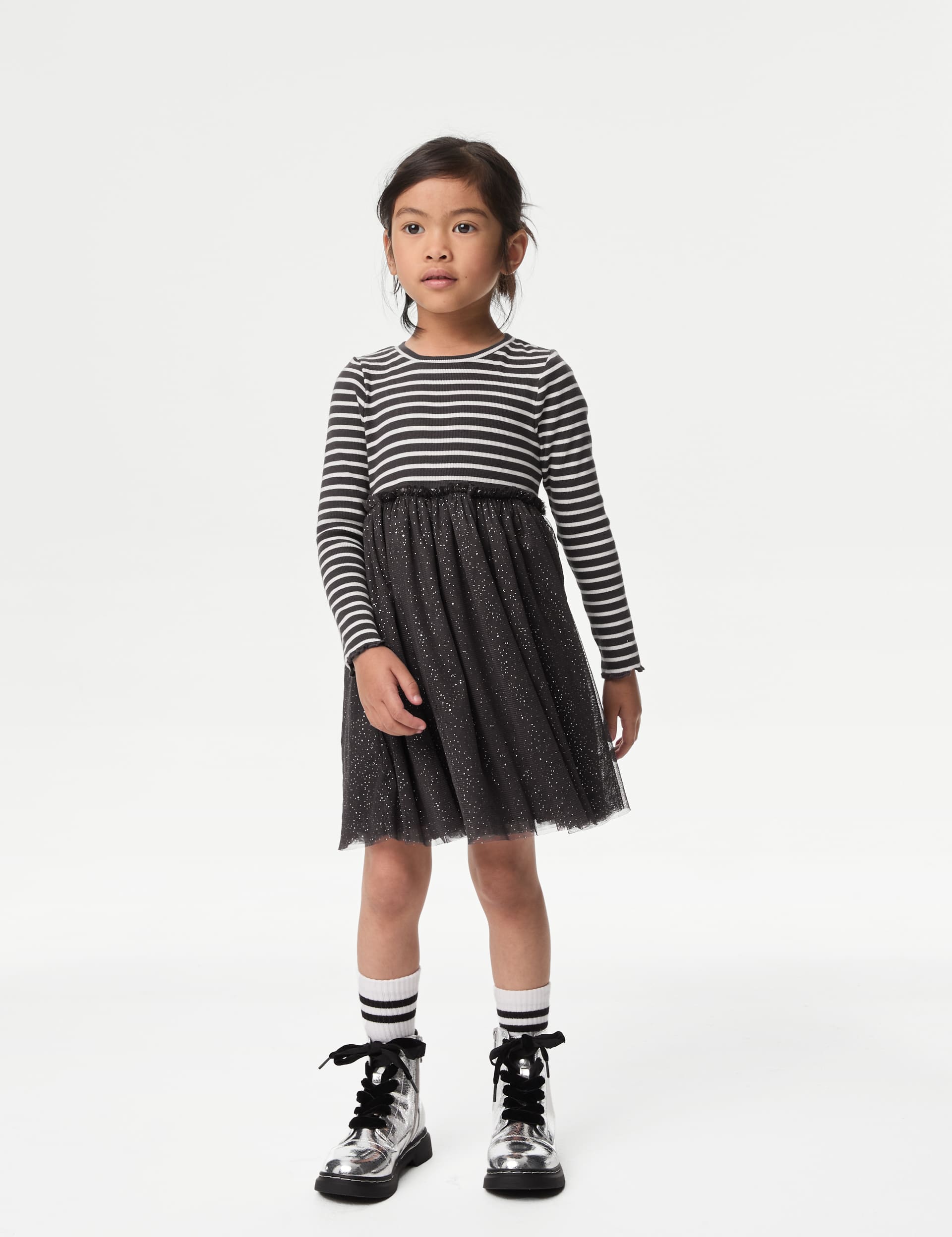 M&S Girls Striped Glitter Dress (2-8 Yrs)