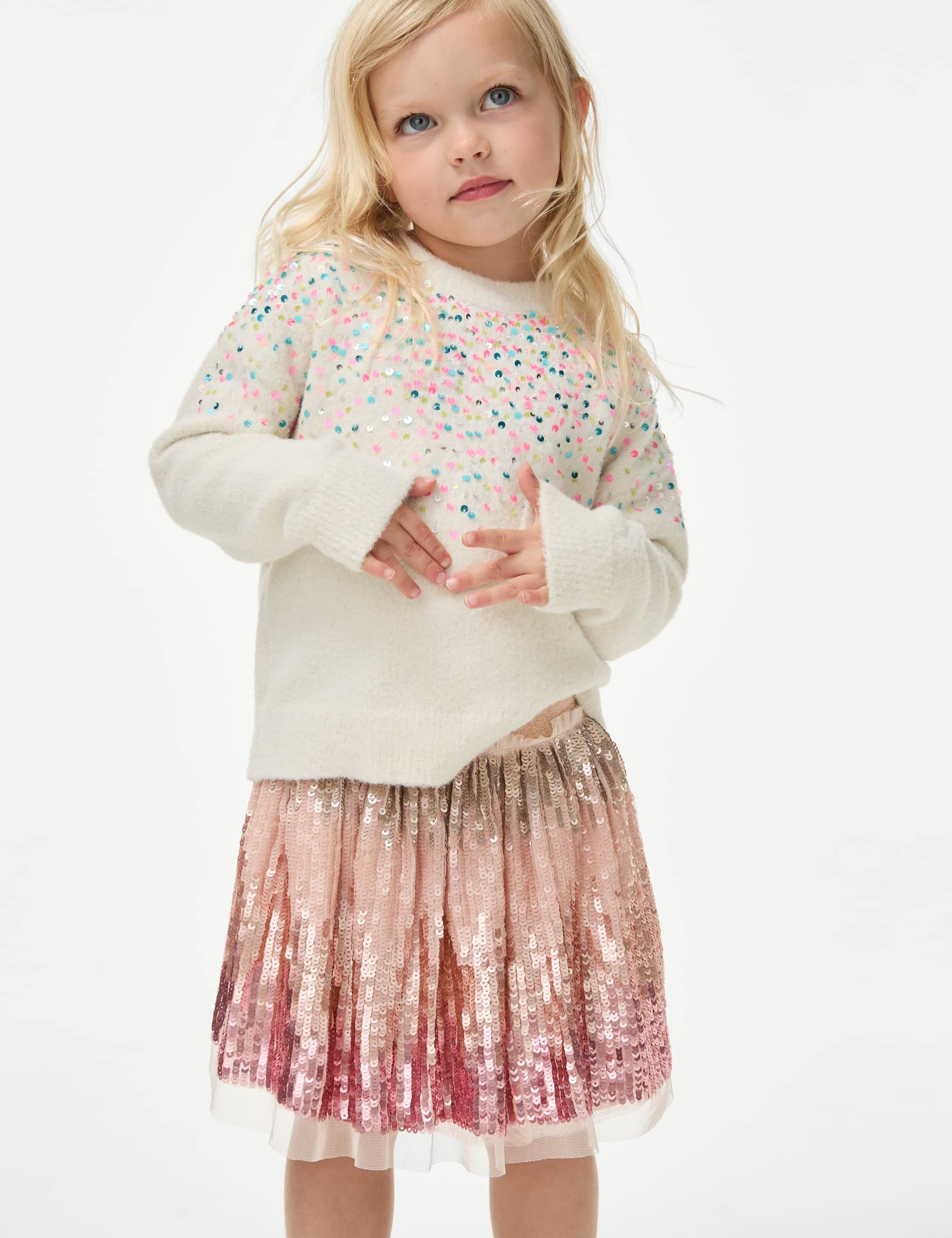 M&S Girls Sequin Elasticated Waist Mini Tutu Skirt (2-8 Yrs) - 5-6 Y - Pink Mix, Pink Mix,Silver