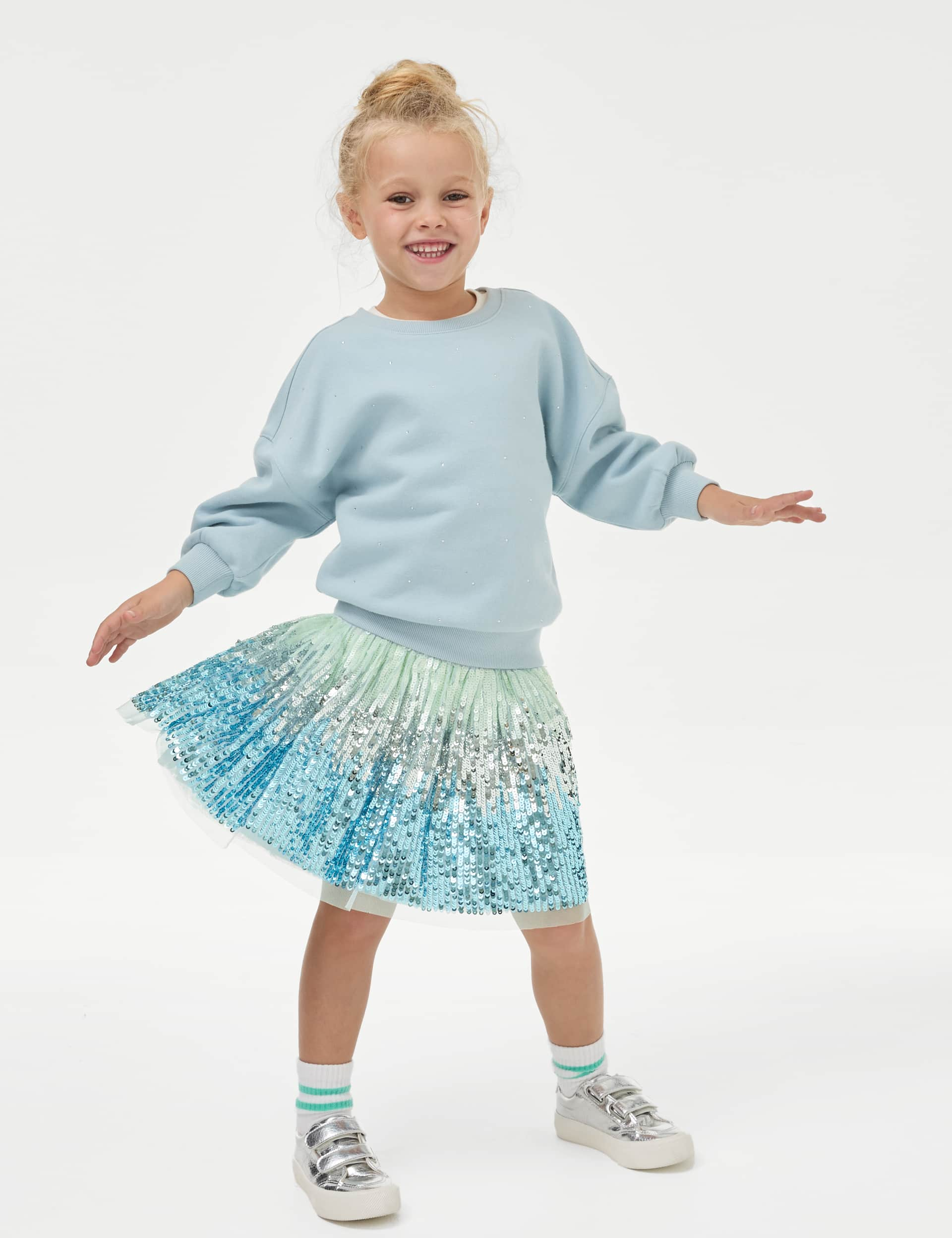 M&S Girls Sequin Elasticated Waist Mini Tutu Skirt (2-8 Yrs) - 5-6 Y - Silver, Silver,Pink Mix