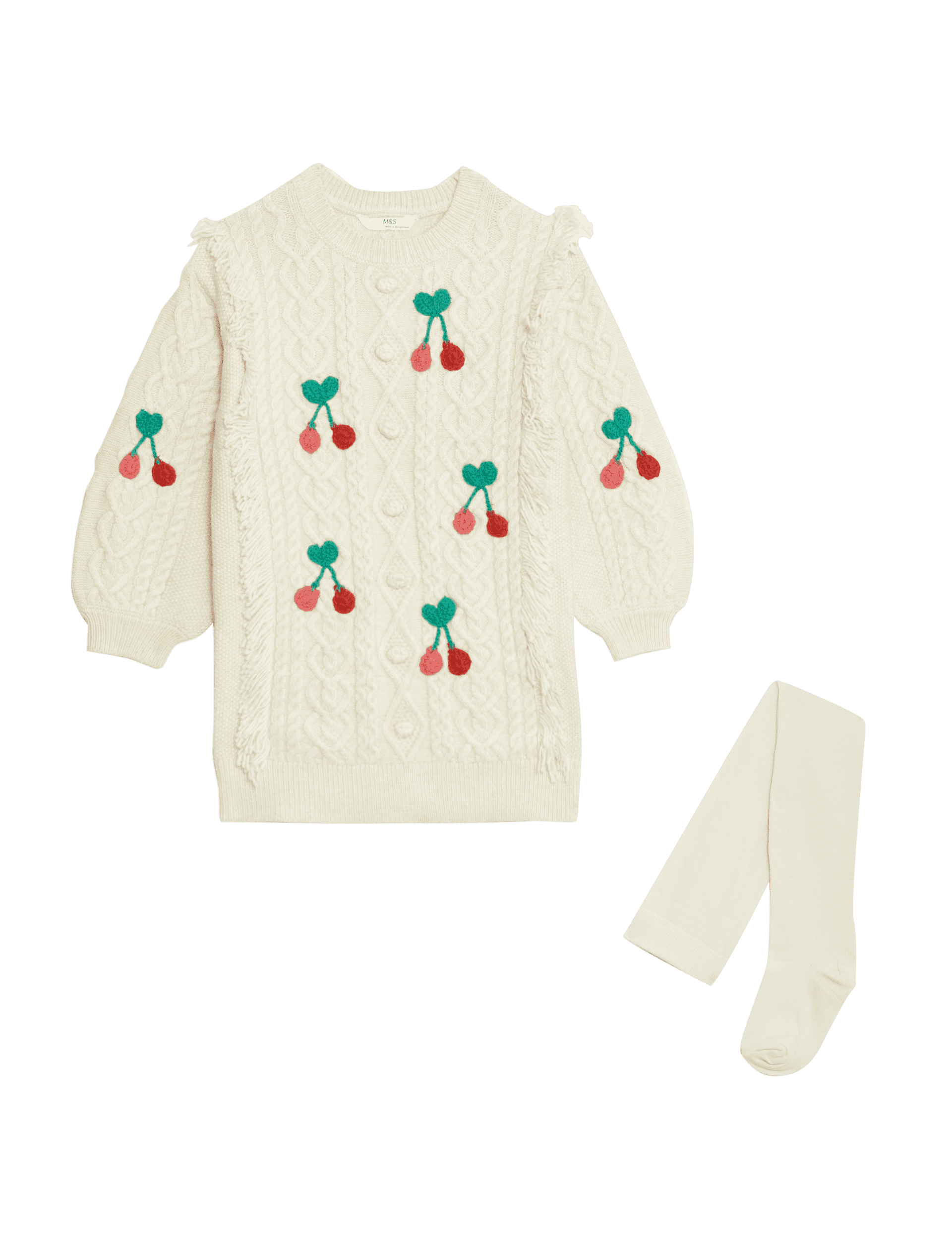 M&S Collection Girls 2pc Cable Knit Cherry Dress with Tights (2-8 Yrs) - 6-7 Y - Ecru, Ecru